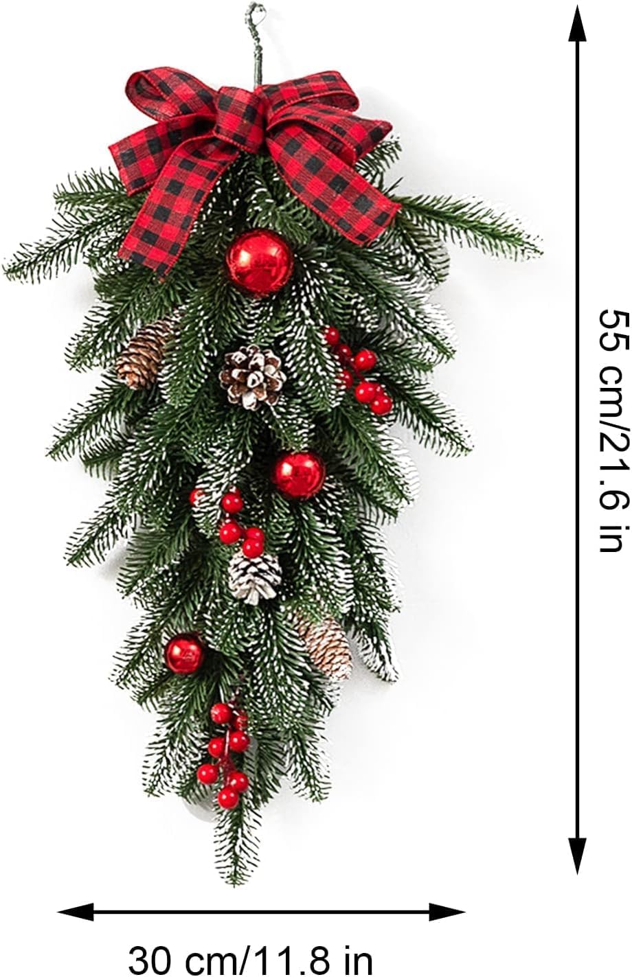 2Pcs Artificial Christmas Swag 21.6 Inch Christmas Teardrop Door Swag with Pinecones Red Berries Ribbon Bow Flocked Greenery Pine Needles Wreath for Holiday Wall Door Lintel Festival Winter Decor(#1)