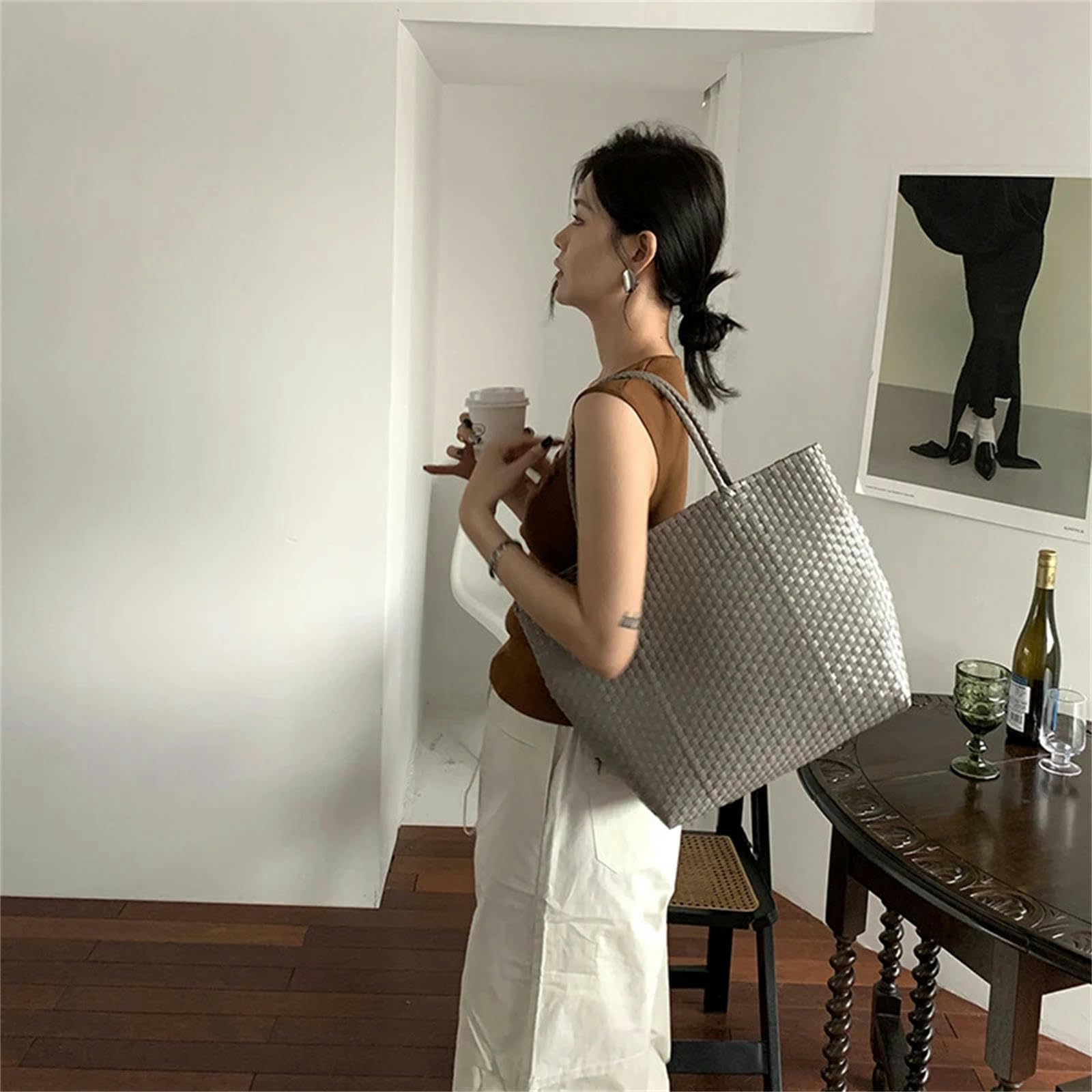 Bolsos de Paja Bolsas Tejidas A Mano, Cestas De Verduras Portátiles, Bolsas Tejidas De Paja De Playa De Gran Capacidad
