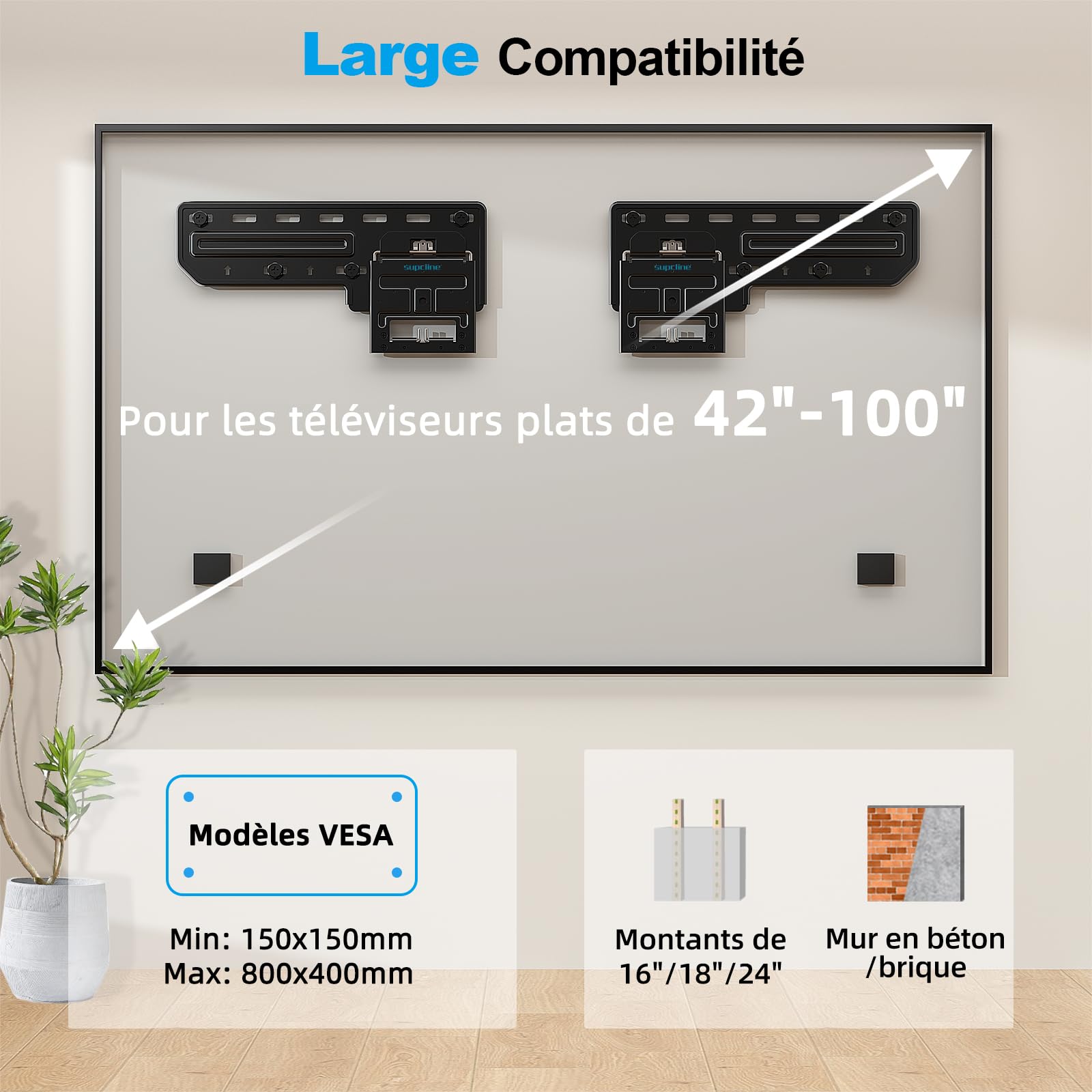 Support Mural TV Ultra-Mince pour TV Plate et TV à Cadre de 42 à 100 Pouces