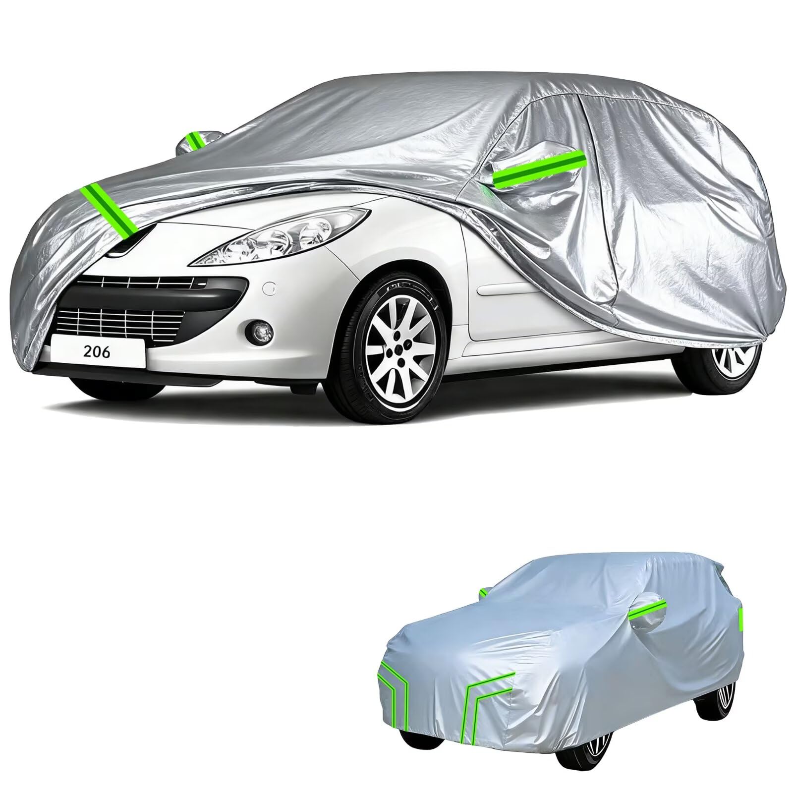sur Mesure bache Voiture Exterieur Compatible avec Peugeot 206 1998-2010,imperméable,résistante au Soleil, au Vent,Neige Pluie,Protection Quatre Saisons(Silver Green)