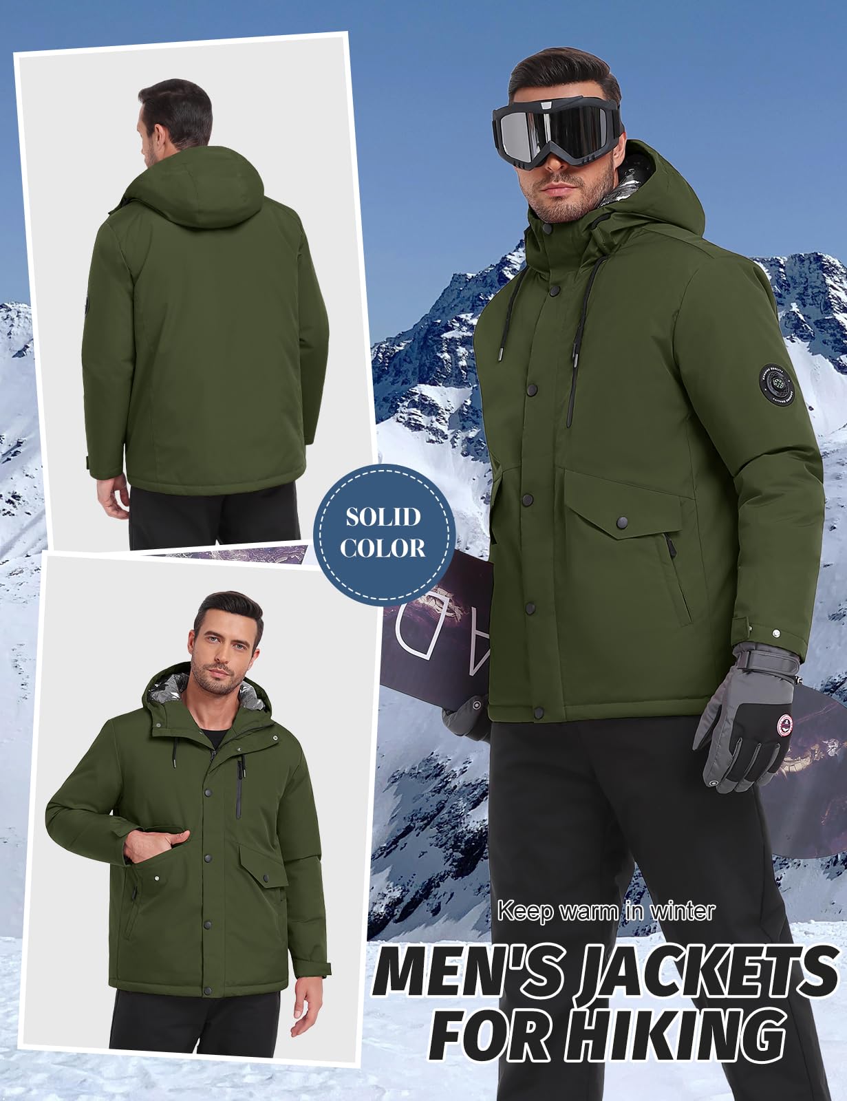 Voqeen Chaqueta de Esqui Hombre Impermeable Cazadora Cálida Aire Libre Térmica Capucha Desmontable Antiviento