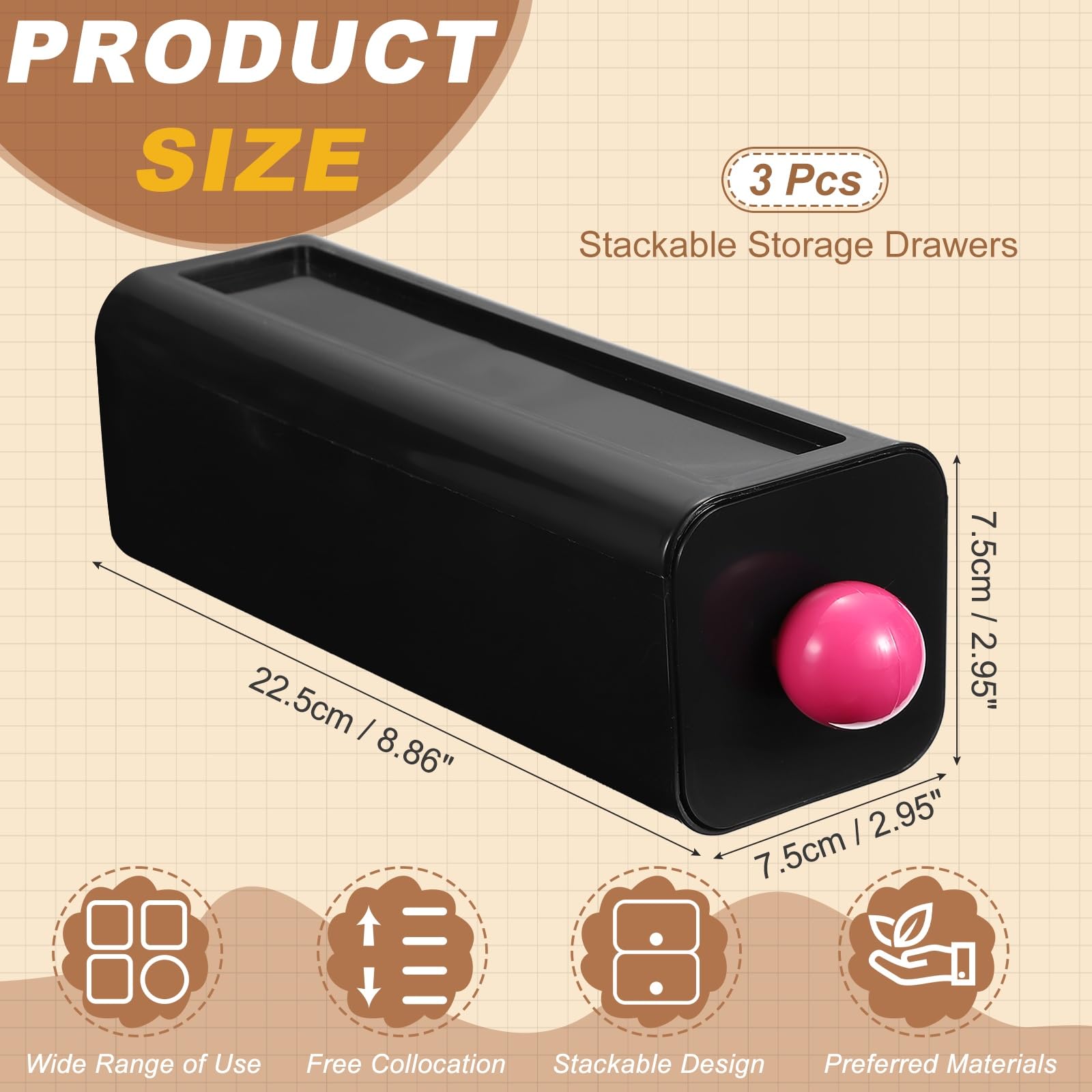 QUARKZMAN 3 Cassetti Impilabili Per Scrivania, Organizzatore Plastica Con Cassetti Scatola Archiviazione Per Ufficio Casa Cancelleria Trucco Bagno, Nero Singolo Strato