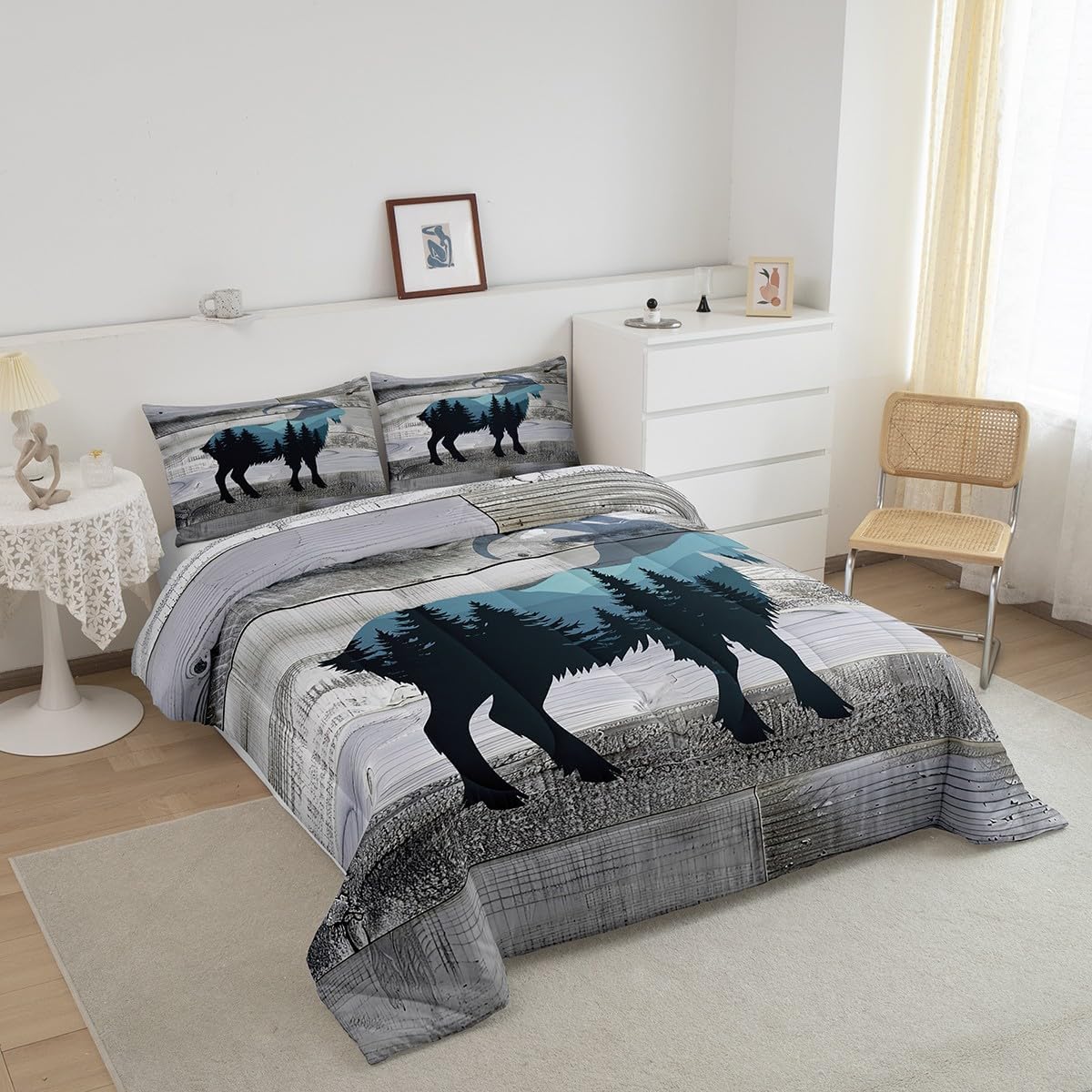 Erosebridal Hunting Goat Queen Comforter Set, Wildlife Rustic Animals Soft Bed Set for Sofa, Safari Wooden Plank Breathable Down Comforter for Kids Teens, Trees Blue Mountains Cozy Duvet Insert