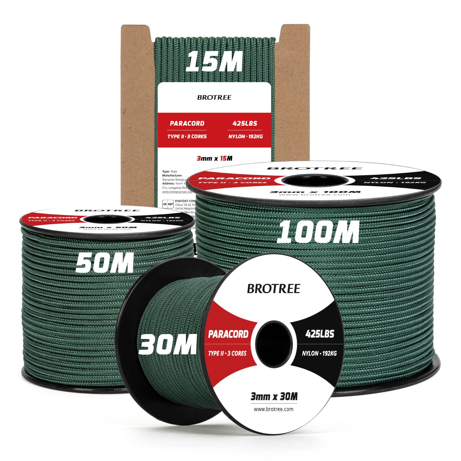 Brotree 3mm Paracord 425 100% Nylon 100M Rope 3 Strands Type II Parachute Cord for Outdoor, Craft, DIY - 192kg Breaking Load (Dark Green)