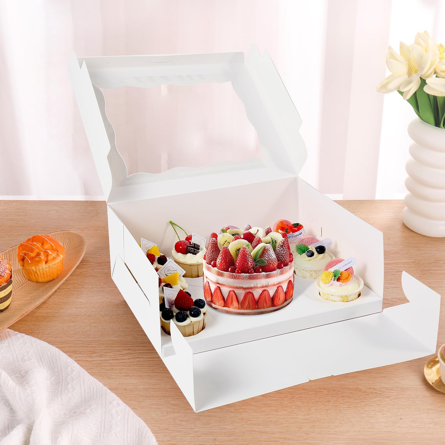 Bento Cake Box With Cupcakes, Clear Window 9 Holes Bento Combination,12 Sets: Cookie Boxes Fit 8 Regular Cupcake and Mini Cakes, Christmas Wedding Birthday Party (White/clear, 1+8/12pcs)