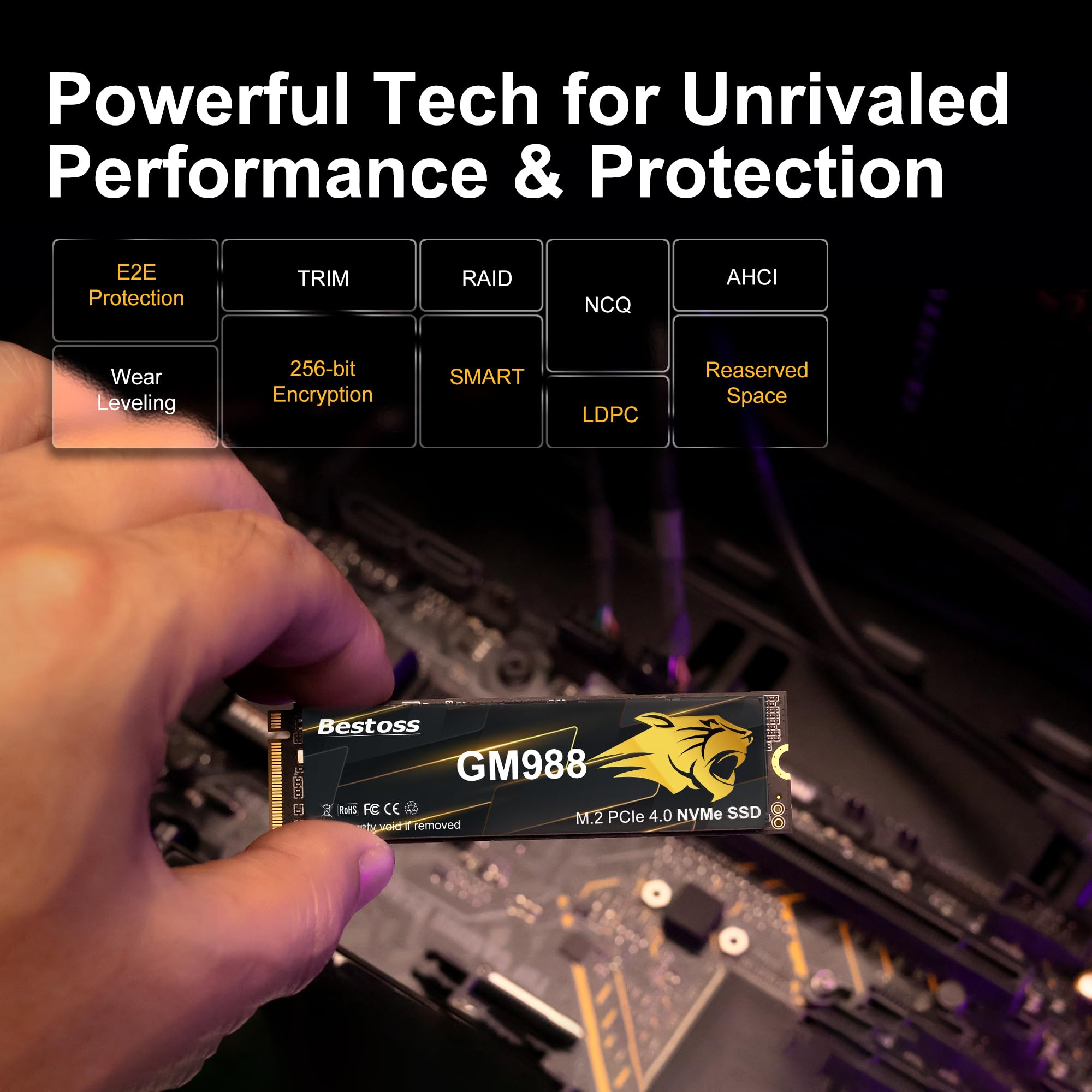Bestoss SSD M.2 2280 NVMe de 1 TB PCIe Gen4 interno, hasta 7350 MB/s, caché SLC y HMB, PS5/PC/portátil, adaptado para jugadores, editores de video, creadores de gama alta y desarrolladores de IA que
