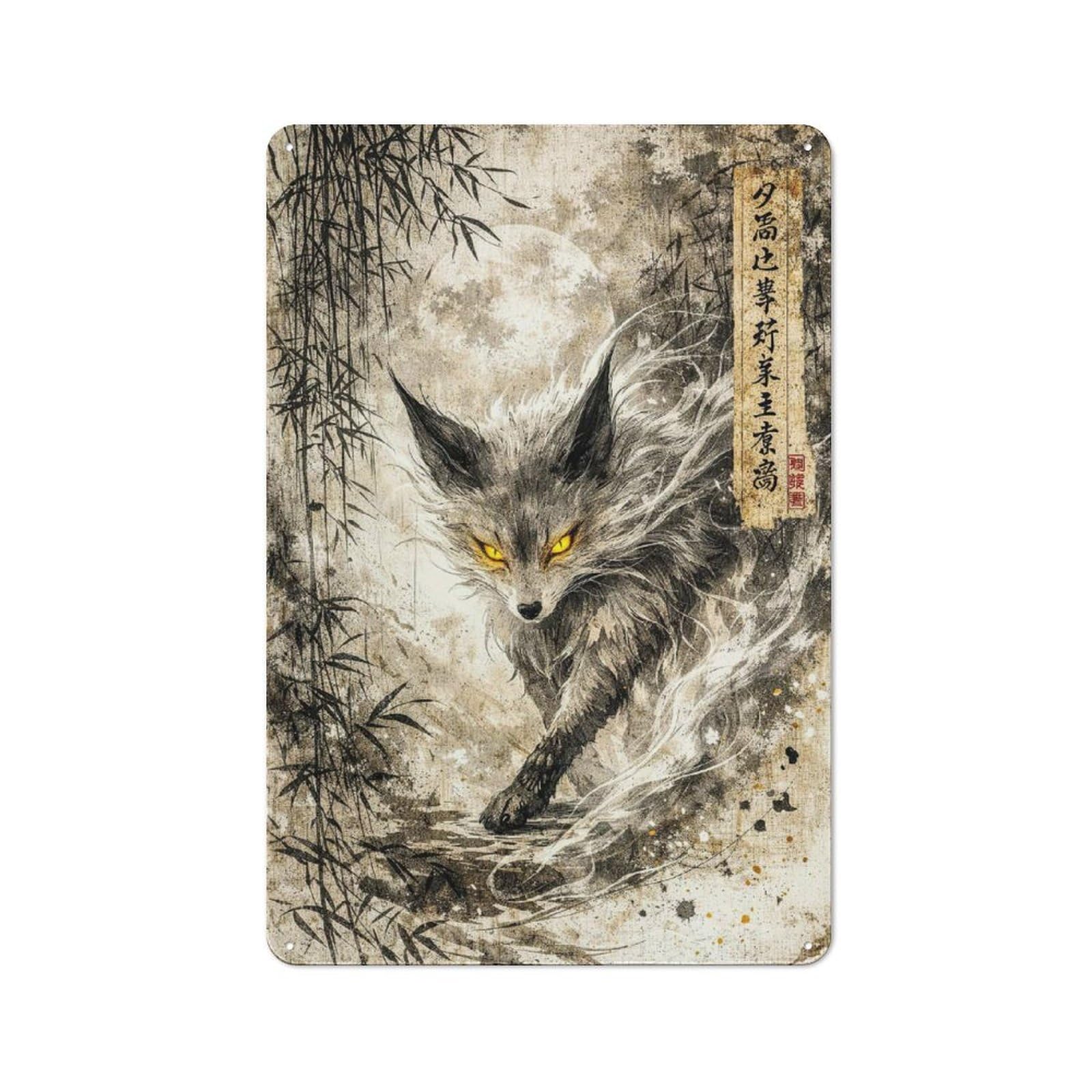 Junmoney Style-16 Mystical Fox Under The Moon Vintage Metal Sign 30X20cm, Vintage Bistro Wall Plaque For Coffee Bar, Small Shop Or Dining Room