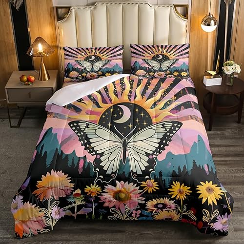 Miniatura 6 de Erosebridal Juego de ropa de cama con diseño bohemio de mariposas, tamaño individual, hippie, Yin y Yang, juego de edredón de rayas geométricas de