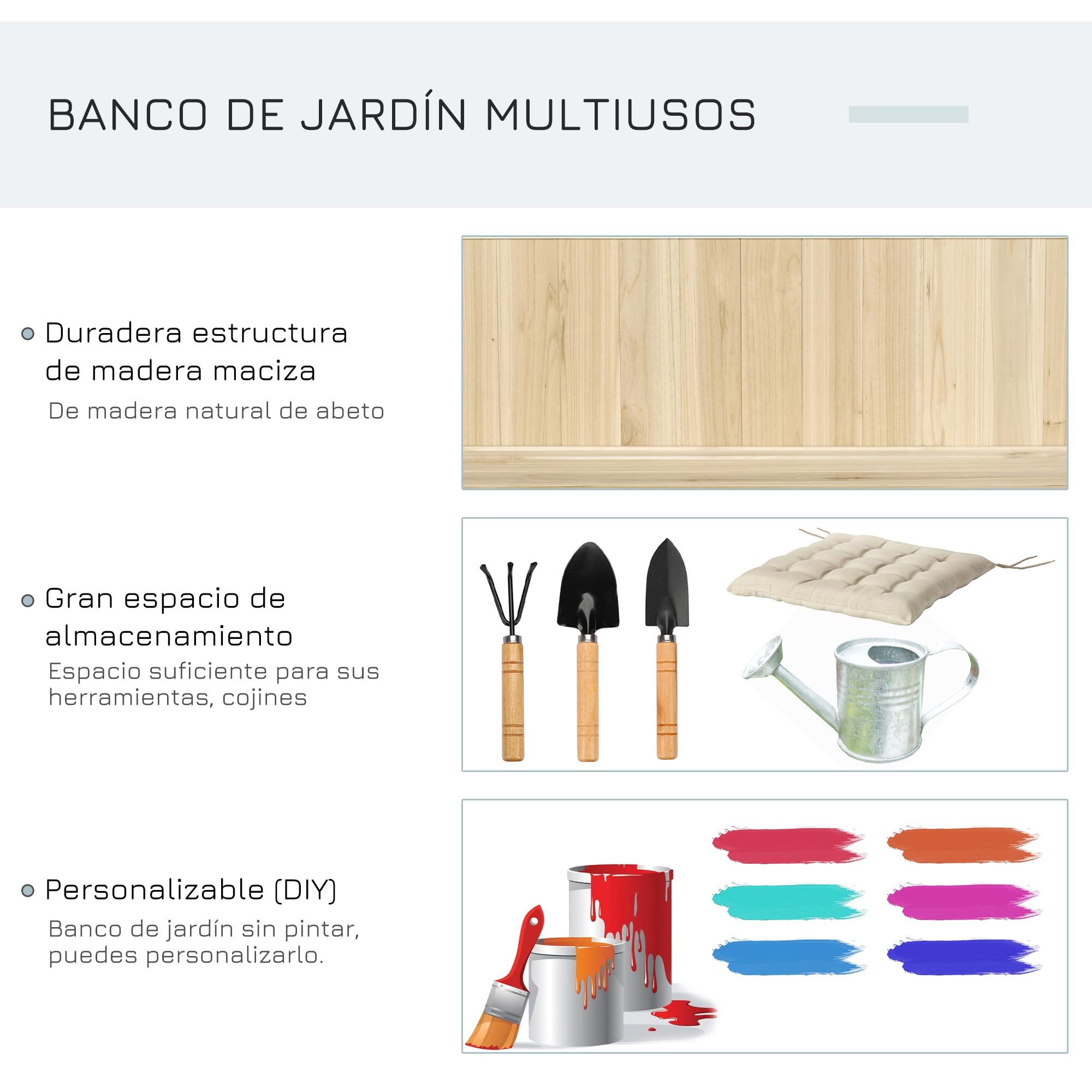 Outsunny Banco de Jardín de Madera Banco de Exterior 115x45x75 cm Natural | Caja de Almacenaje, Respaldo, Carga 250 kg, para Patio Terraza Balcón