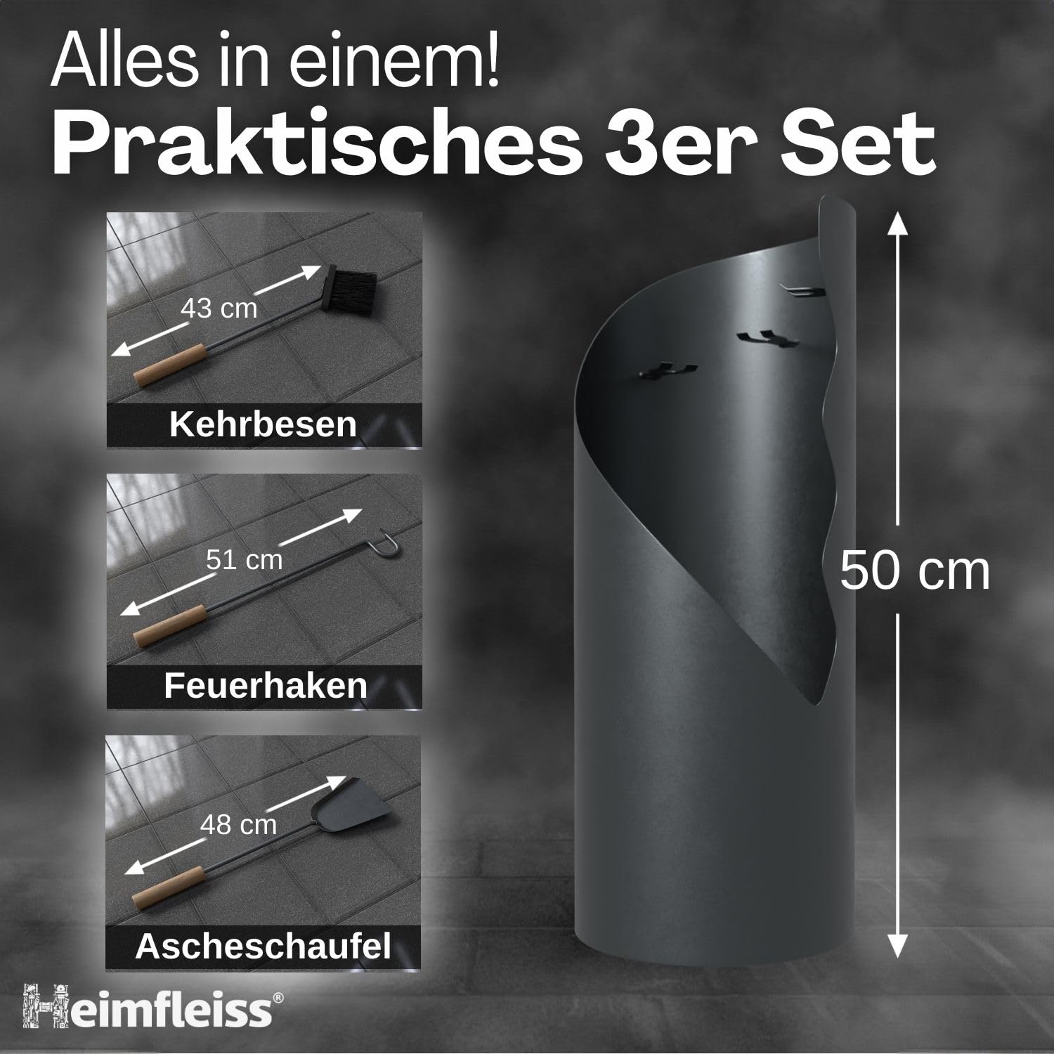 Heimfleiss® Kaminbesteck Modern Grau | Ofenbesteck Kaminbesteck Set | Hochwertiges Kaminset aus Schürhaken & Kehrset | Kaminzubehör mit Holzgriff | Kaminofen Besteck Anthrazit | Kamingarnitur für Ofen