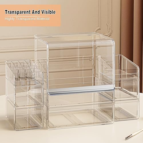 Miniatura 7 de Organizador de maquillaje para tocador con tapa, organizador apilable de cosméticos y almacenamiento, organizador de maquillaje acrílico