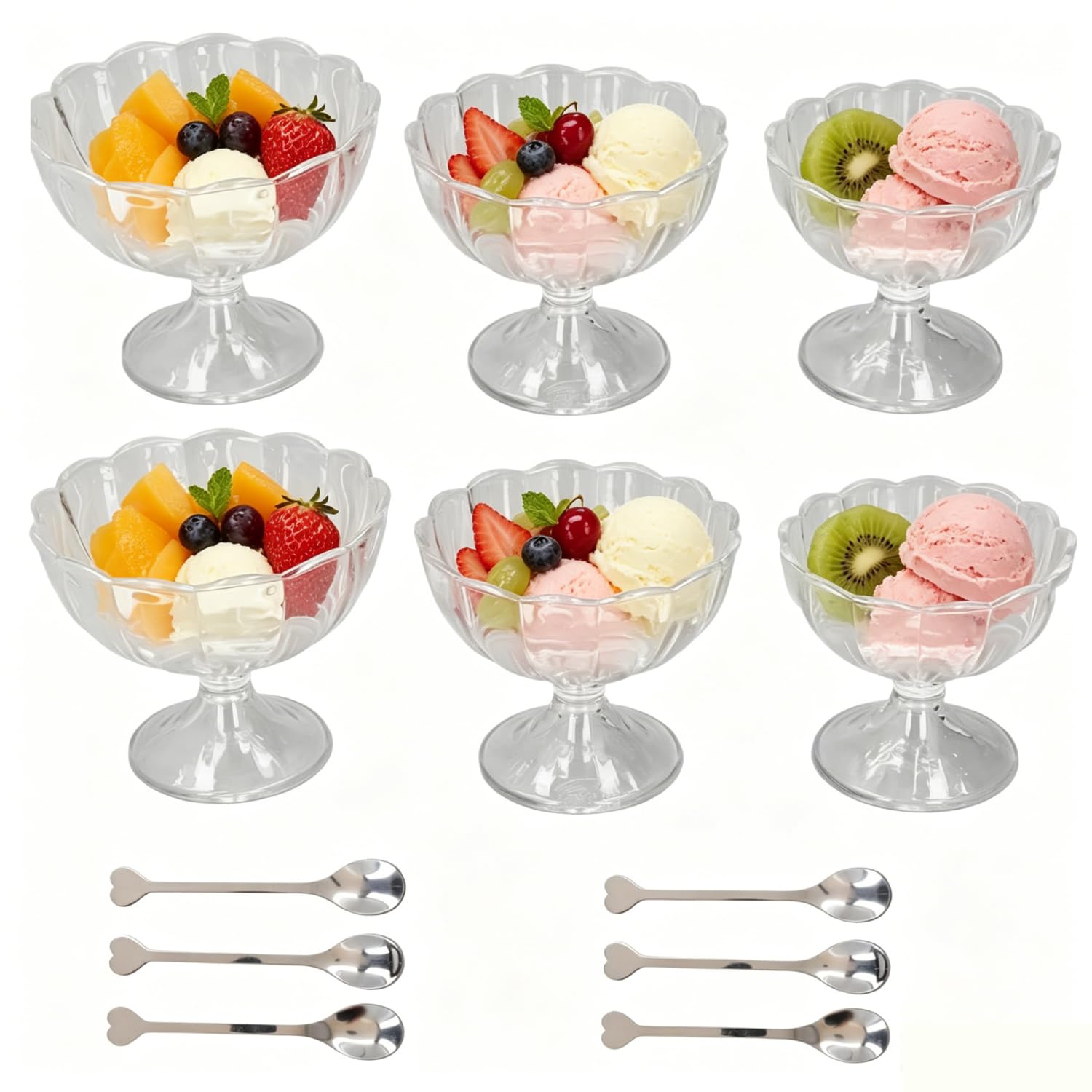 Tissting 6pcs Clear Plastic Dessert Cups, Ice Cream Dessert Bowls with Spoon Trifle Bowl Serving Dishes for Desserts, Sundae, Salad, Cocktail, Condiment (Transparent)
