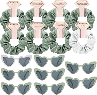 Satin Bridesmaid Scrunchies Bachelorette Hair Ties Set of 6 sunglasses Bridal Shower No Damage Hairties ideas Gift for Wedding Party Favors Bridesmaid Proposal Gifts (8sets White & Sage Green)