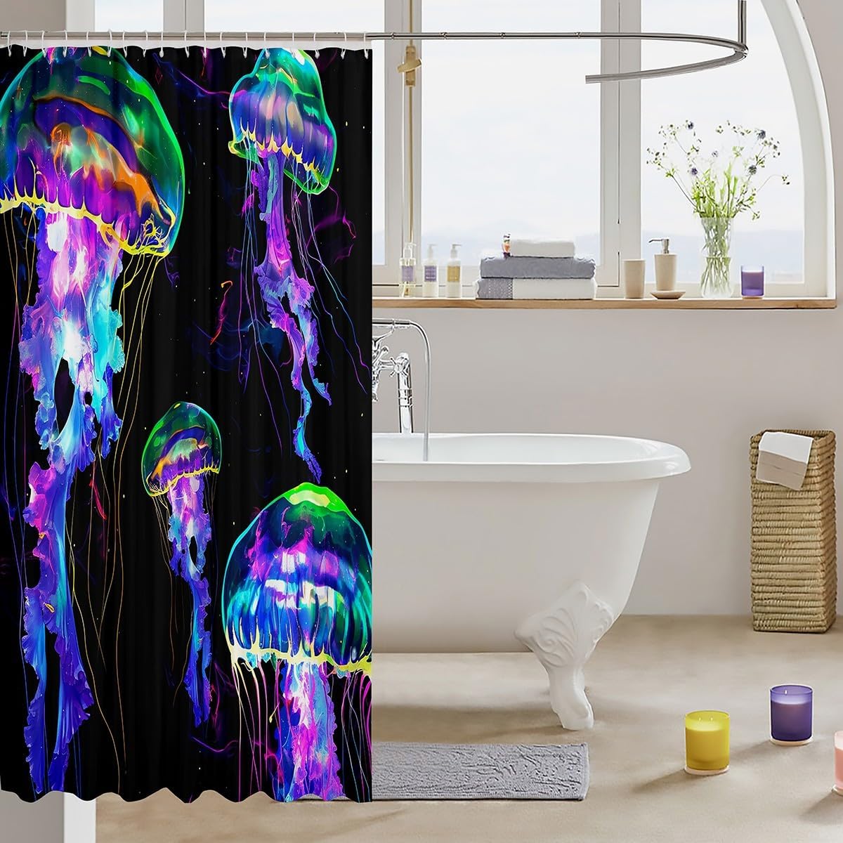 Watercolor Jellyfish Waterproof Bathroom Curtain for Kids Boys Girls Neon Gradient Jellyfish Bath Curtain, Wild Animal Shower Curtain Ocean Wildlife Bathroom Curtains, Marine Sea Themed Shower Set