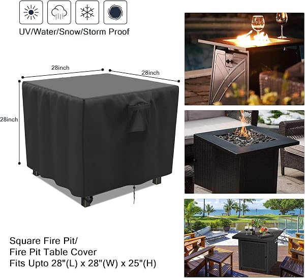 Fenghome Fire Pit Cover, Waterproof Square Fire Pit Cover with Adjustable Hem for Garden Furniture Fire Pit Table Heavy Duty Windproof Outdoor Fireplace Cover-76x76x63cm (Black) - 2