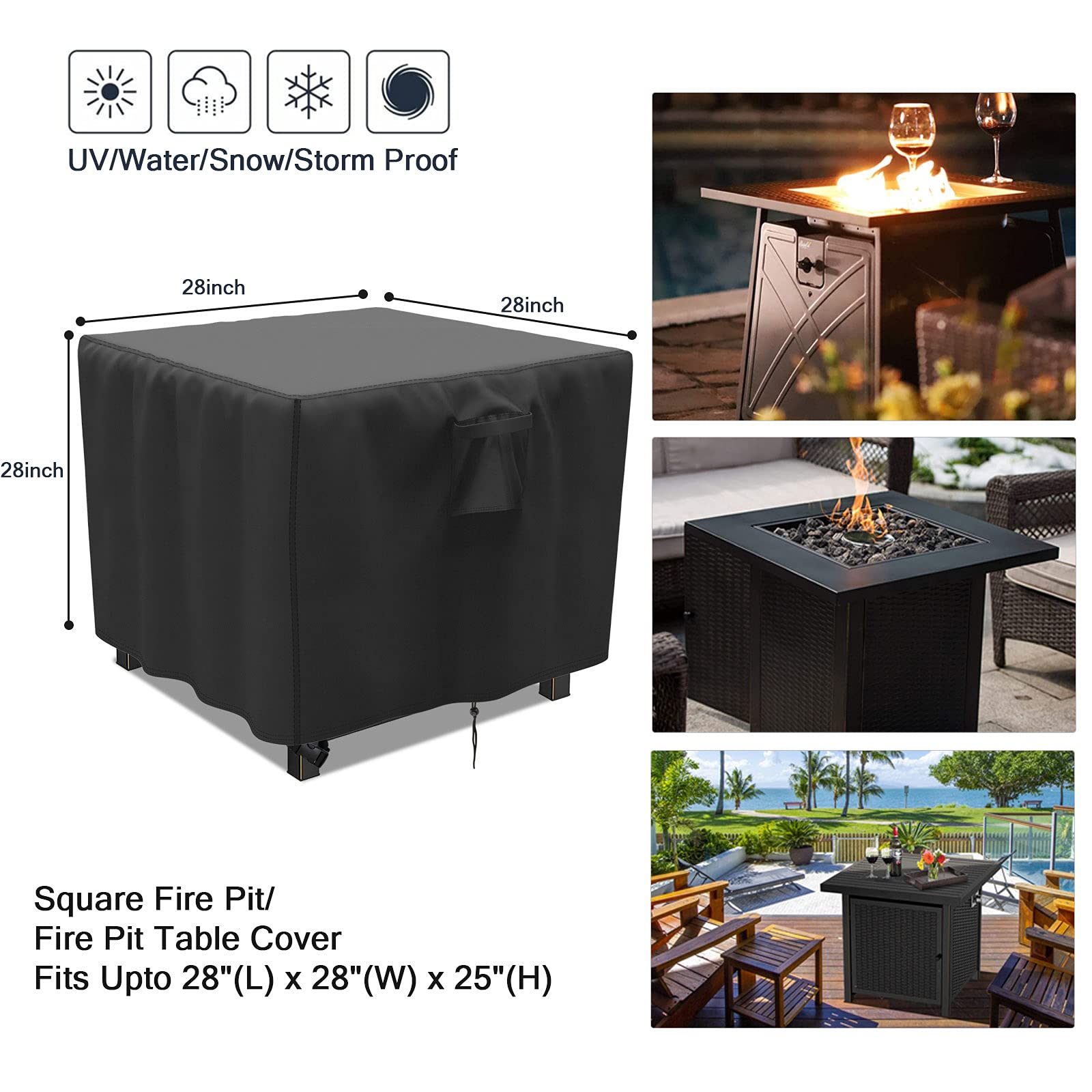 Feuerschalenabdeckung, wasserdicht, quadratisch, mit verstellbarem Saum, für Gartenmöbel, Feuerstelle, Tisch, strapazierfähig, winddicht, Outdoor-Kaminabdeckung, 76 x 76 x 63 cm, Schwarz