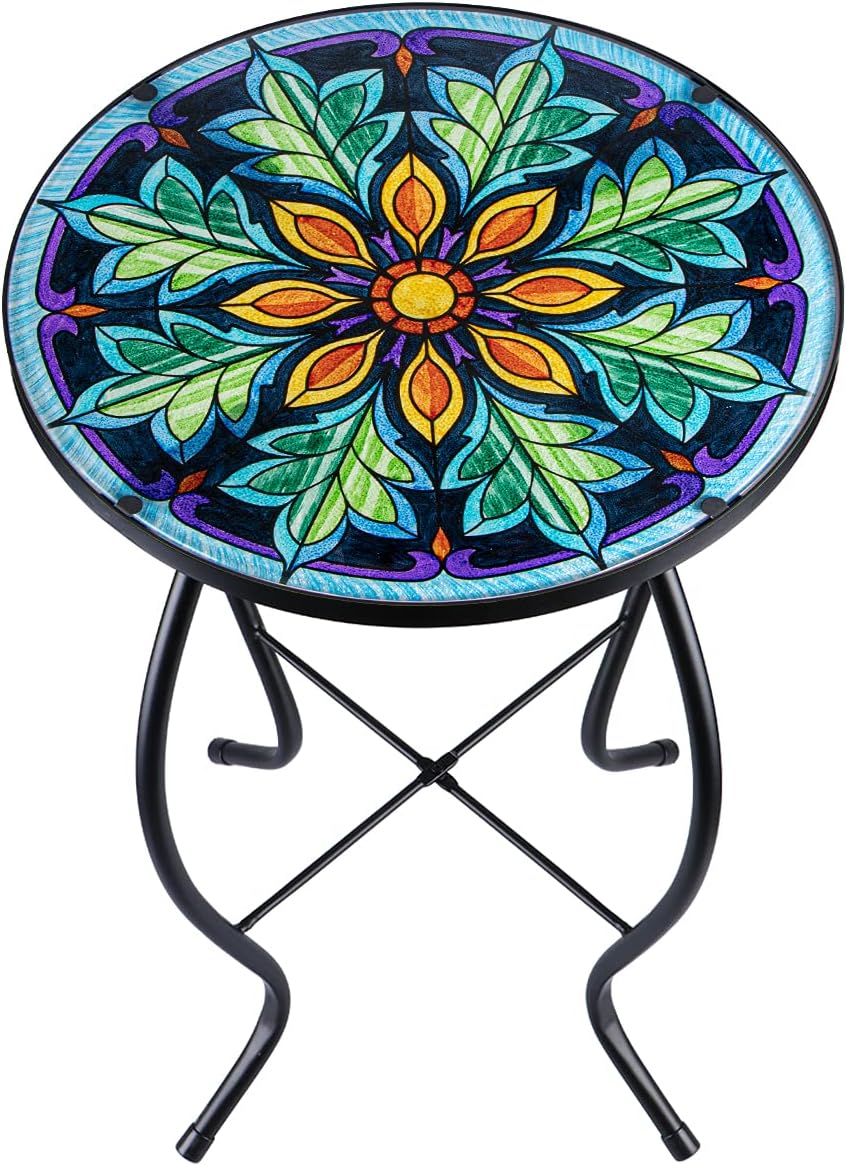 Outdoor Side Table Mosaic End Table Patio Side Table Small End Table Glass Top Round Balcony Coffee Table Porch Indoor Glass Top : Patio, Lawn & Garden