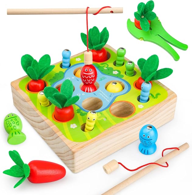 KOUMIN Wooden Toys Montessori Toy for 2 3 Years Old Boys Girls Gift Fun Toddler Educational Toy Farm Game Fine Motor Skill Toy Include 3 Theme Carrots Fish Worms for Toddler Babies Birthday Baby Gifts