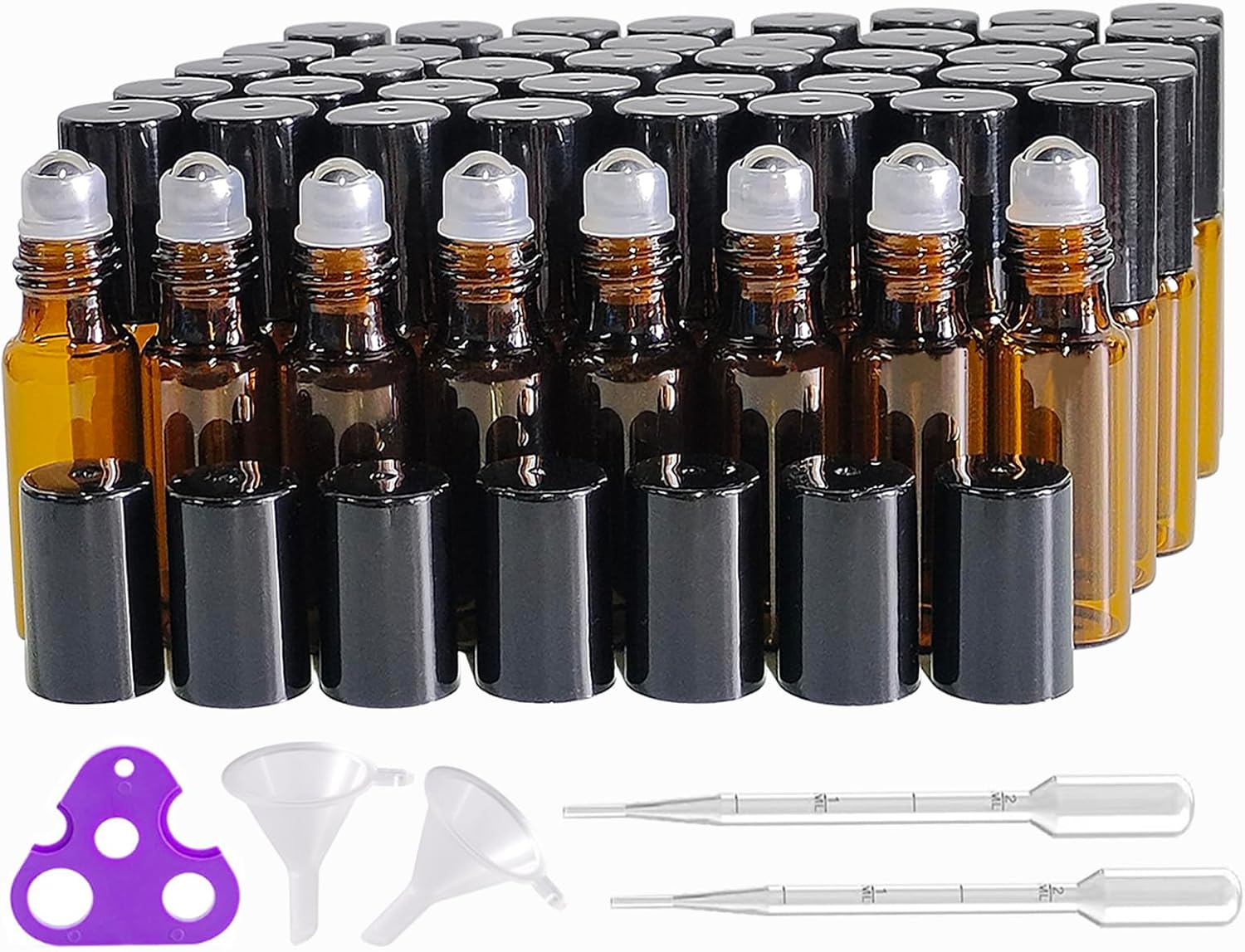 50Pcs Amber Glass Roller Bottles for Essential Oils 3ml Glass Roll on Bottles with Stainless Steel Roller Balls Mini Sample Vials Cosmetics Small Container (Amber, 3ml)