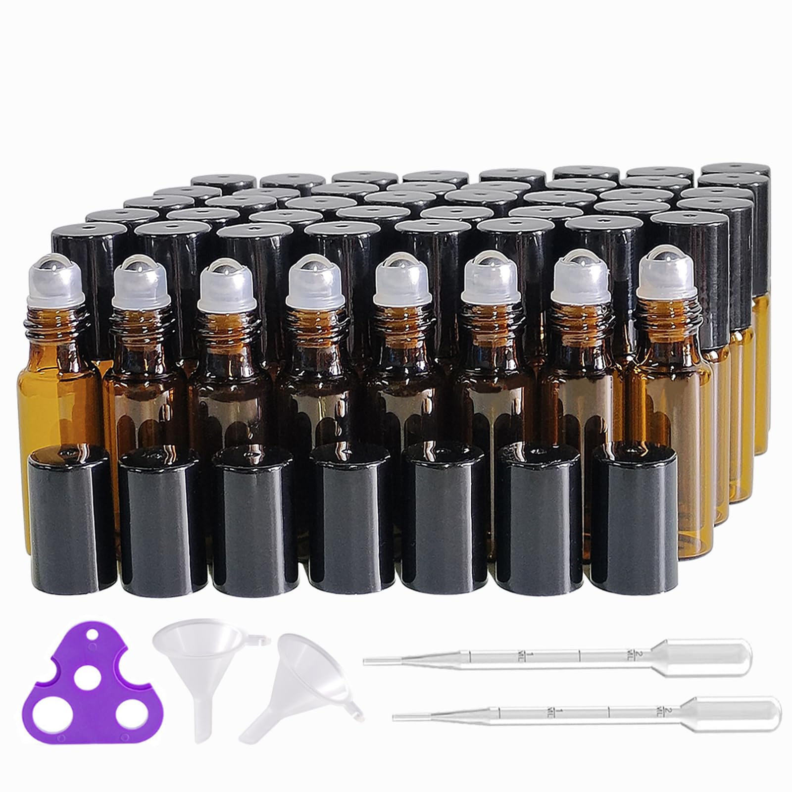 AGENIZ 50Pcs Amber Glass Roller Bottles for Essential Oils 5ml Glass Roll on Bottles with Stainless Steel Roller Balls Mini Sample Vials Cosmetics