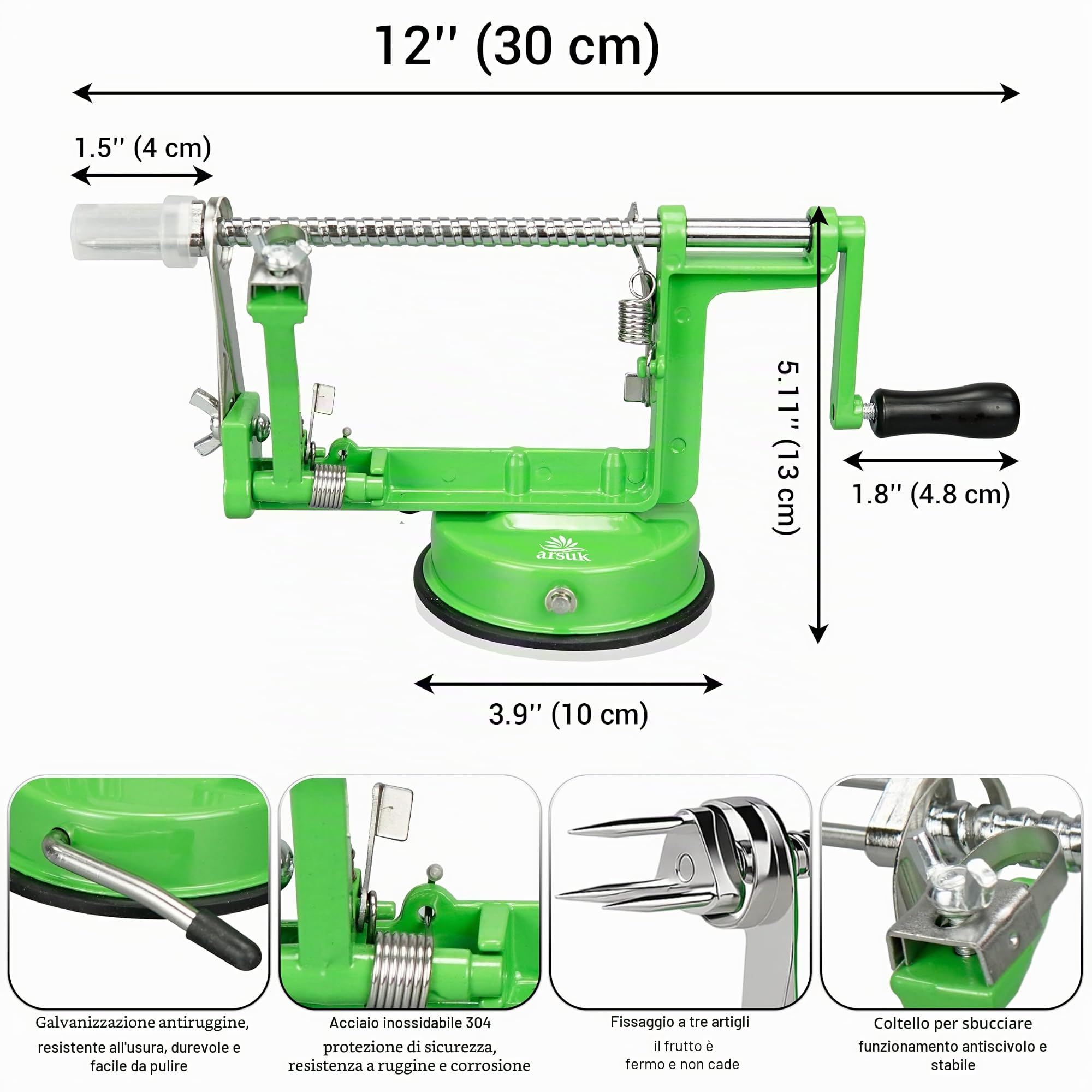 ARSUK Sbuccia Mela - Pelatore, Affettatore e Levatorsoli, Pelapatate Frutta Verdure e Patate Pela 3 in 1 - Pelamele Macchina, Corpo Ghisa, Lama Regolabile in Acciaio Inox, Base a Ventosa Antiscivolo