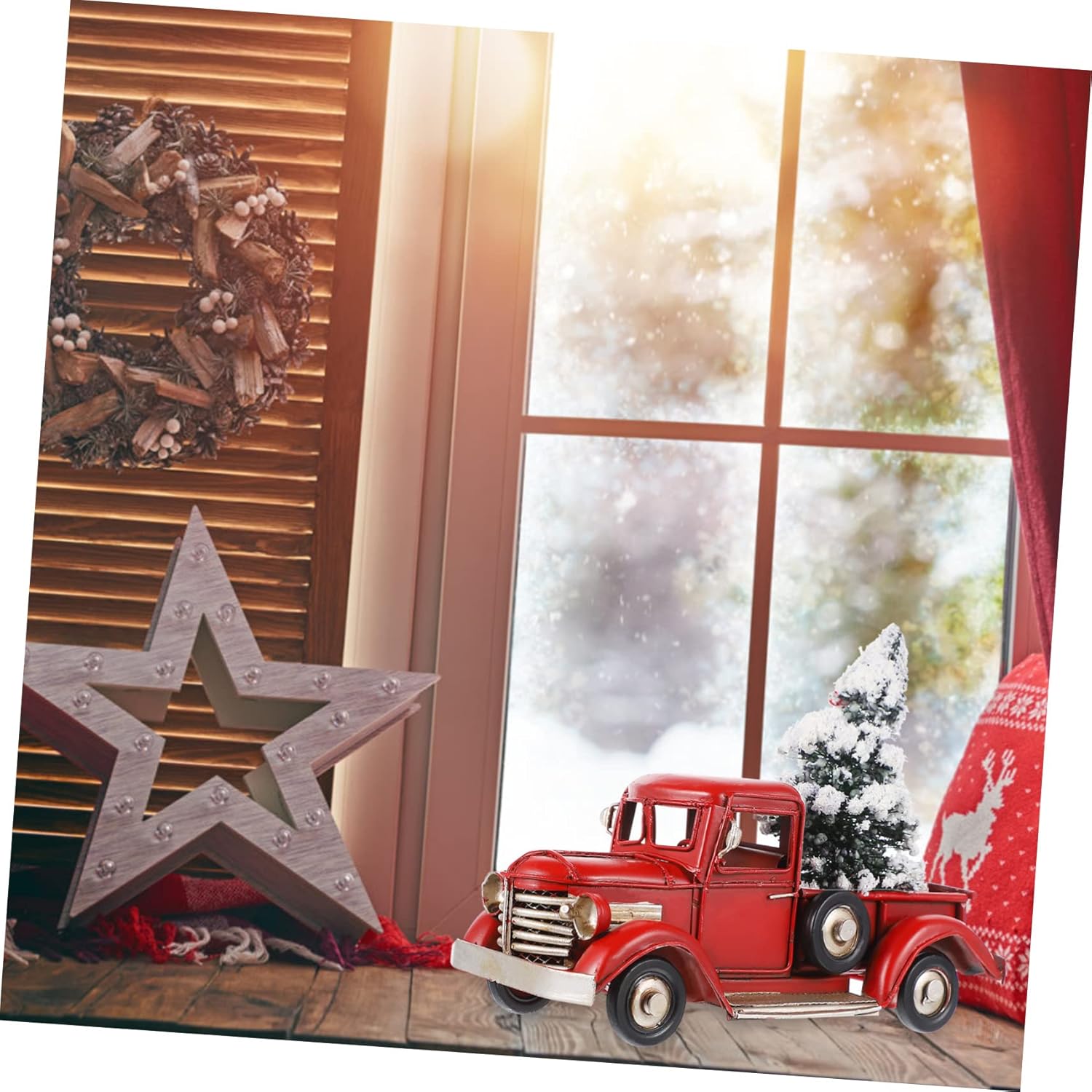 Happyyami Christmas Vintage Truck Ornament Iron Model with Xmas Tree Rustic Pickup Car Decoration for Holiday Environmental Protection Figurine