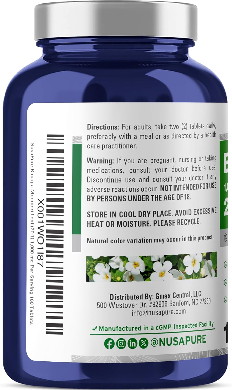 NusaPure Bacopa Leaf Monnieri Extract 20,000 mg 180 Tablets (Extract 20:1, Non-GMO, Gluten Free & Vegan) - Image 3
