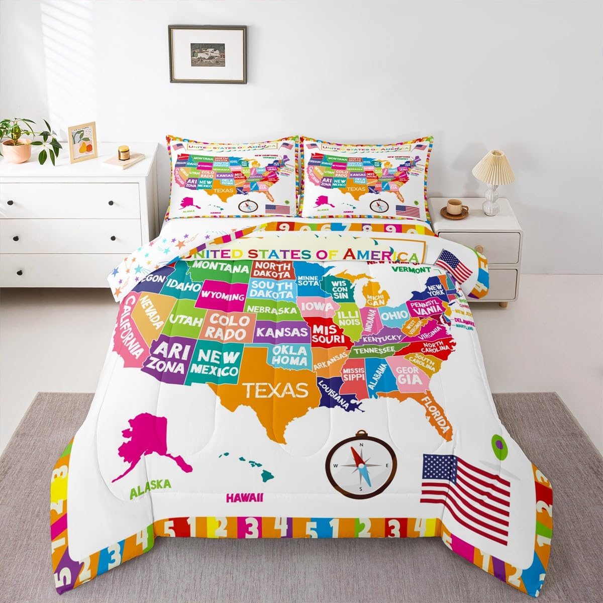 Feelyou USA Map Bedding Set King, Geography USA Map Comforter Set for Boys Girls Educational Comforter Learning Time Duvet Set 3Pcs