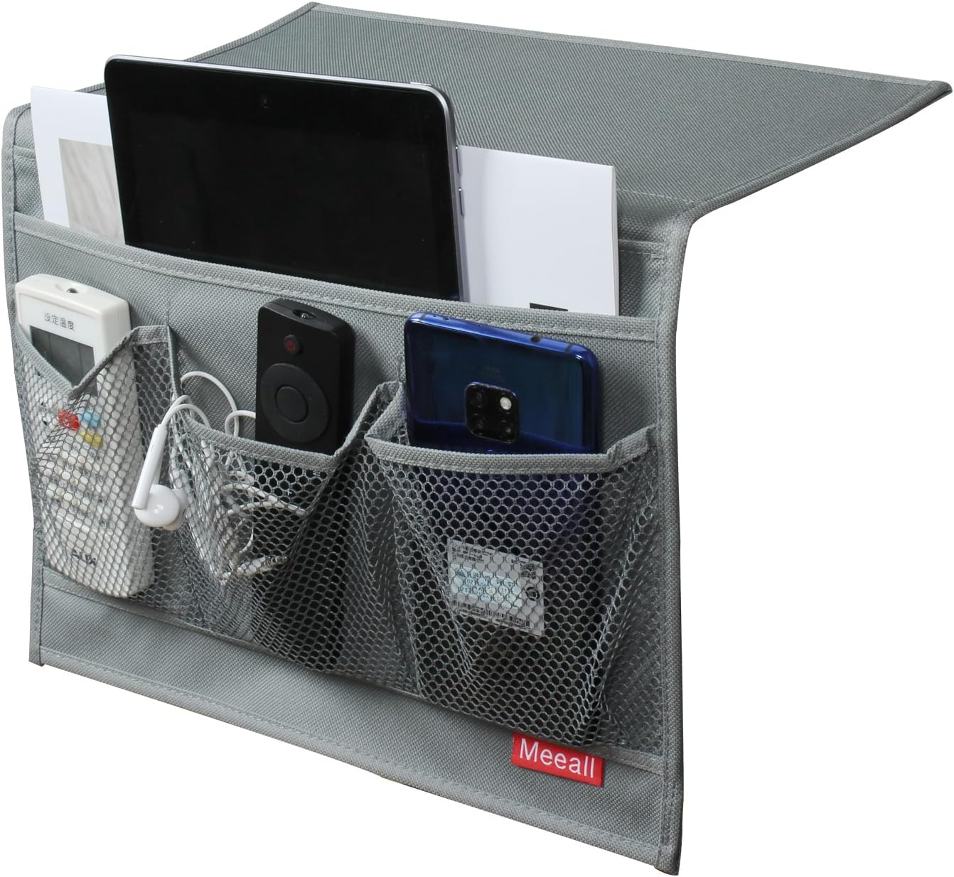 Bedside Storage Organizer with Pockets, Bedside Caddy, Table Cabinet Storage Organizer, TV Remote Control, Phones, Magazines, Tablets, Accessories, Grey
