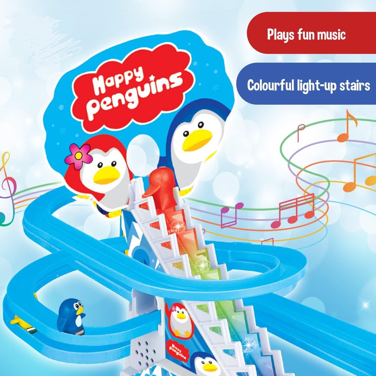 KRIREEN Penguin Slide Toy Set, Funny Automatic Stair - Climbing Penguin Cartoon Race Track Set, Little Lovely Penguins Slide Toy Escalator Toy with Lights and Music, 3 Penguin Included (Multicolor) 4