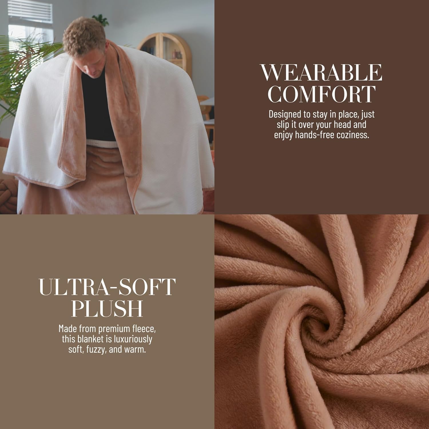 Cozy Cape Wearable Fleece Blanket, Throw Blanket for Couch, Soft Fuzzy Warm Plush Blanket for Bed Sofa Living Room, Beige, Full Size