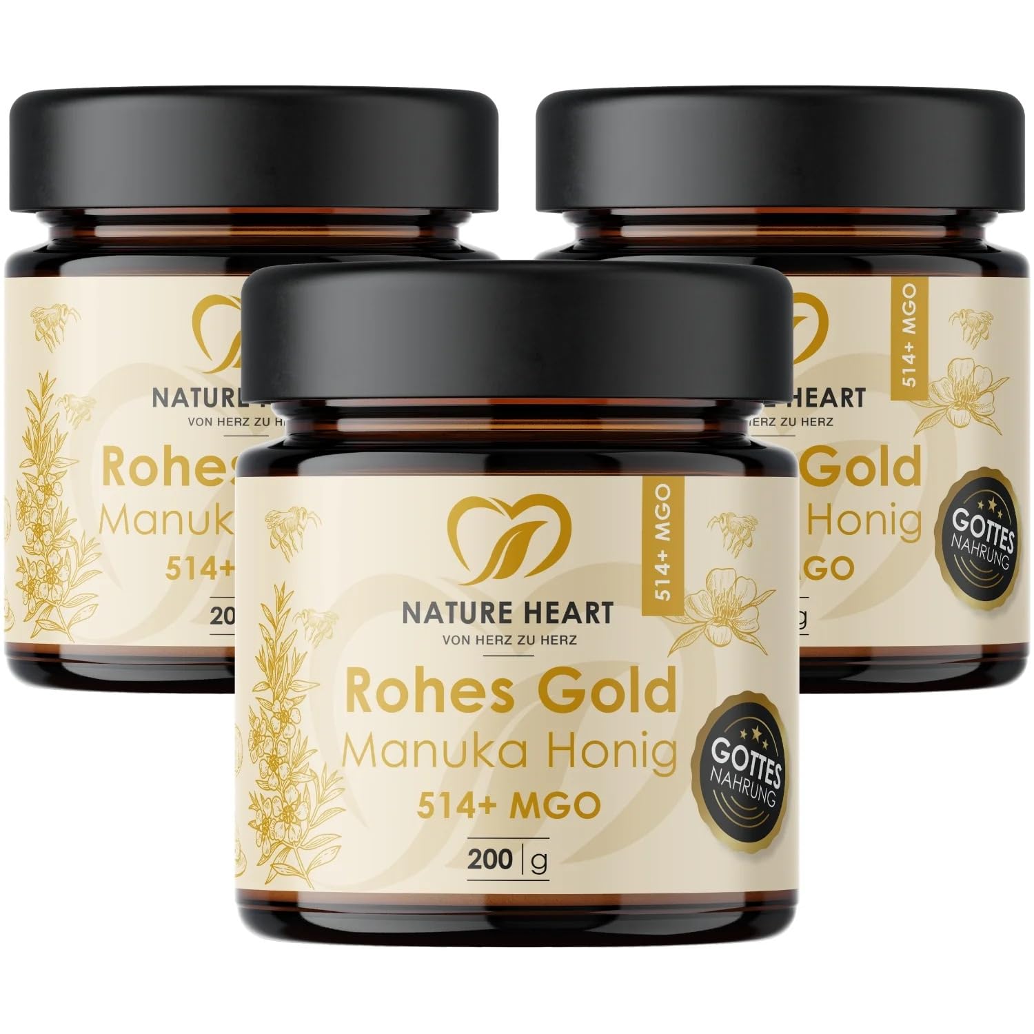 Nature Heart 3x Manuka Honig MGO 514+ | 100% Neuseeland | Roher Manuka Honig | 100% rein ohne Zusatzstoffe | Unabhängig geprüft | Abgefüllt in Deutschland