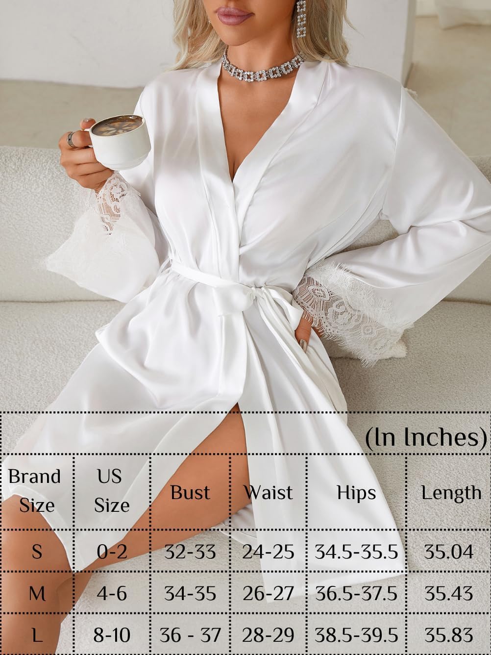 Women's Bridal Satin Short Robe, Polka Dot Mesh Back, Eyelash Lace Long Sleeve, Sexy Wedding Loungewear - Image 5
