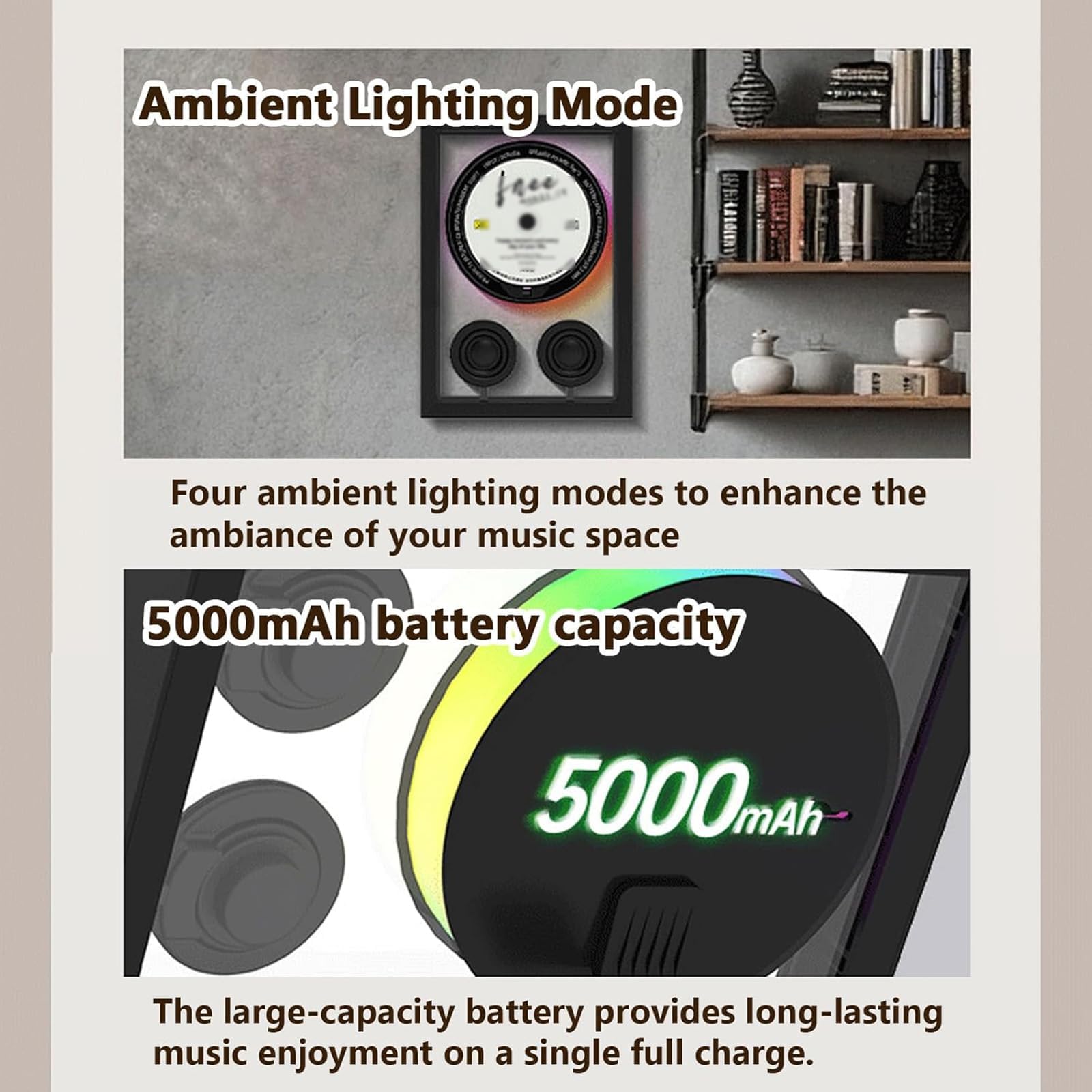 Lettore CD Bluetooth montabile a parete, cornice musicale con diverse modalità di riproduzione, 4 luci ambientali, 3 opzioni di posizionamento, decorazione per casa/parete