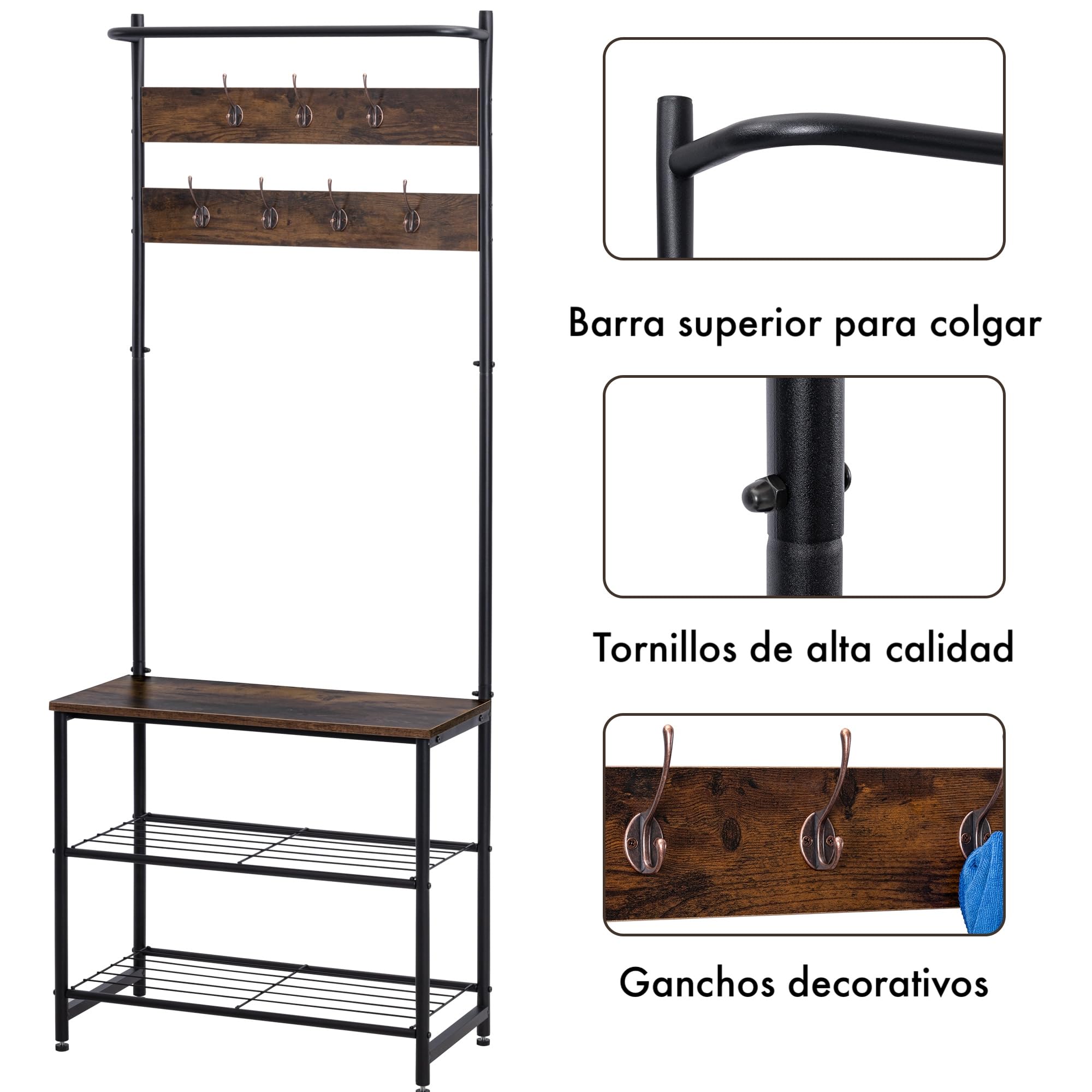 T-LOVENDO.ES Perchero Zapatero de Madera y Metal con estantería y Ganchos | Organizador de Entrada para Abrigos, Bolsos y Calzado | Mueble de Madera y Metal Resistente y Funcional para recibidor.