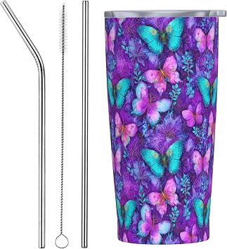 Butterfly Tumbler with Straw Lid Insulated Travel Coffee Mug 20 OZ Stainless Steel Cup for Outdoor Car Office Kitchen