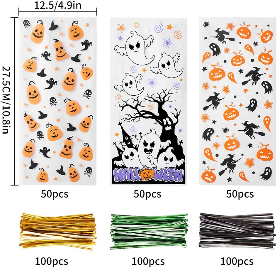 CCINEE Halloween Cellophane Treat Bags, 150pcs Halloween Plastic Clear Candy Bags with 300pcs Twists for Snacks Cookies Packing