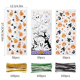 CCINEE Halloween Cellophane Treat Bags, 150pcs Halloween Plastic Clear Candy Bags with 300pcs Twists for Snacks Cookies Packing
