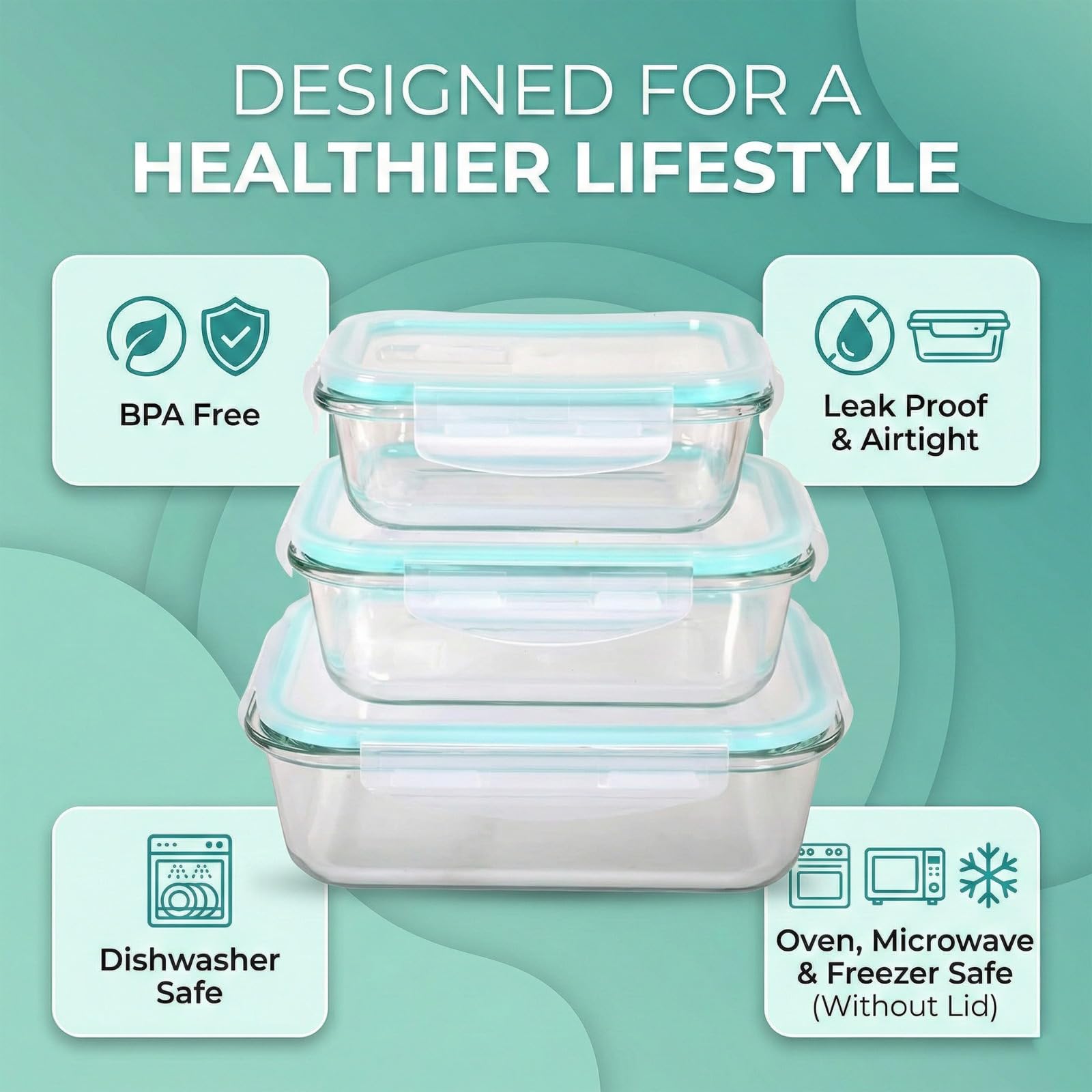 HOCHSTE Set di contenitori per alimenti in vetro con coperchi in plastica (set da 3 pezzi) scatole per la preparazione dei pasti salutari con coperchi ermetici, lavastoviglie, forno, microonde e