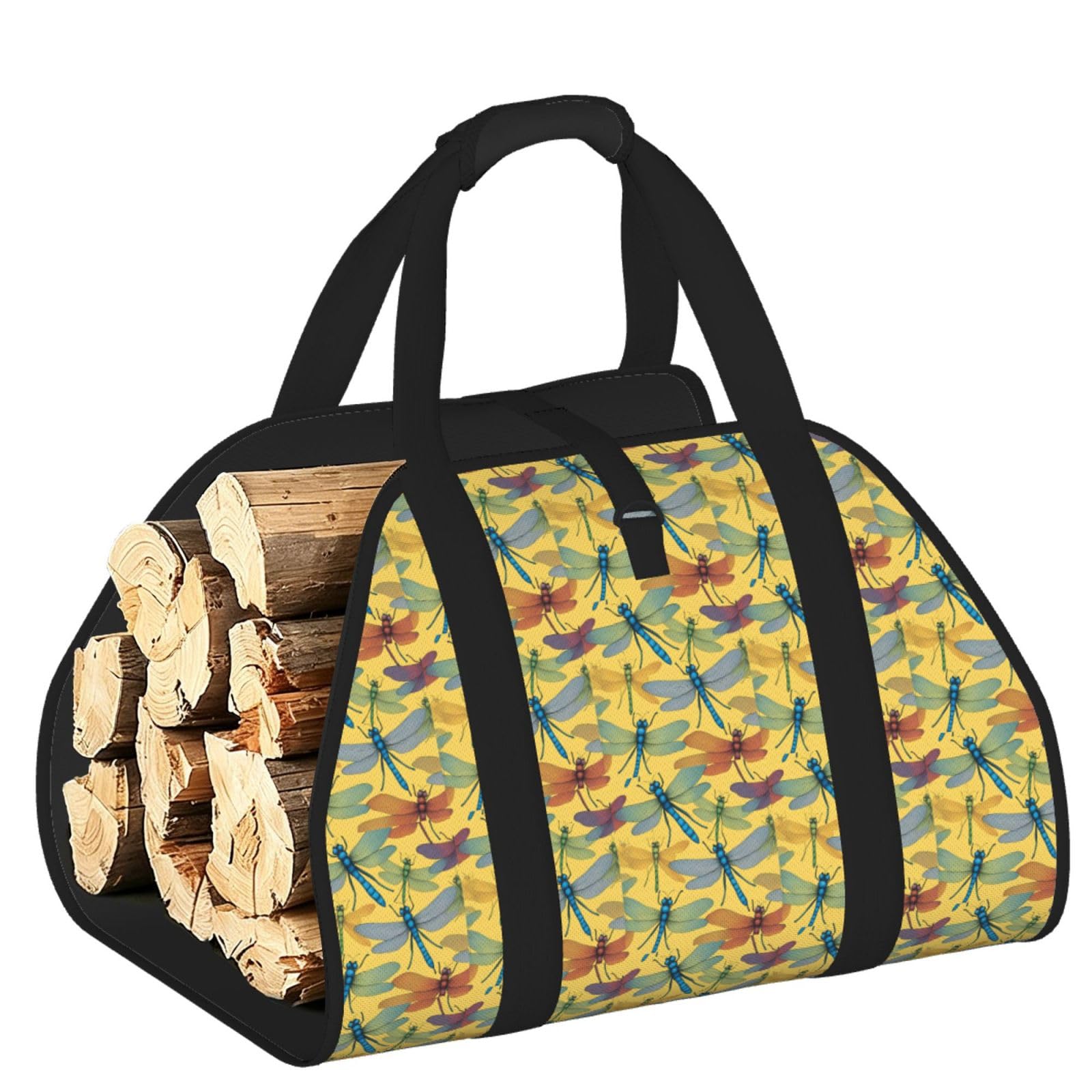 Ayyqwe Black Colorful Dragonfly Print Firewood Bag Wood Waterproof Versatile Camping Picnic Storage Daily Home