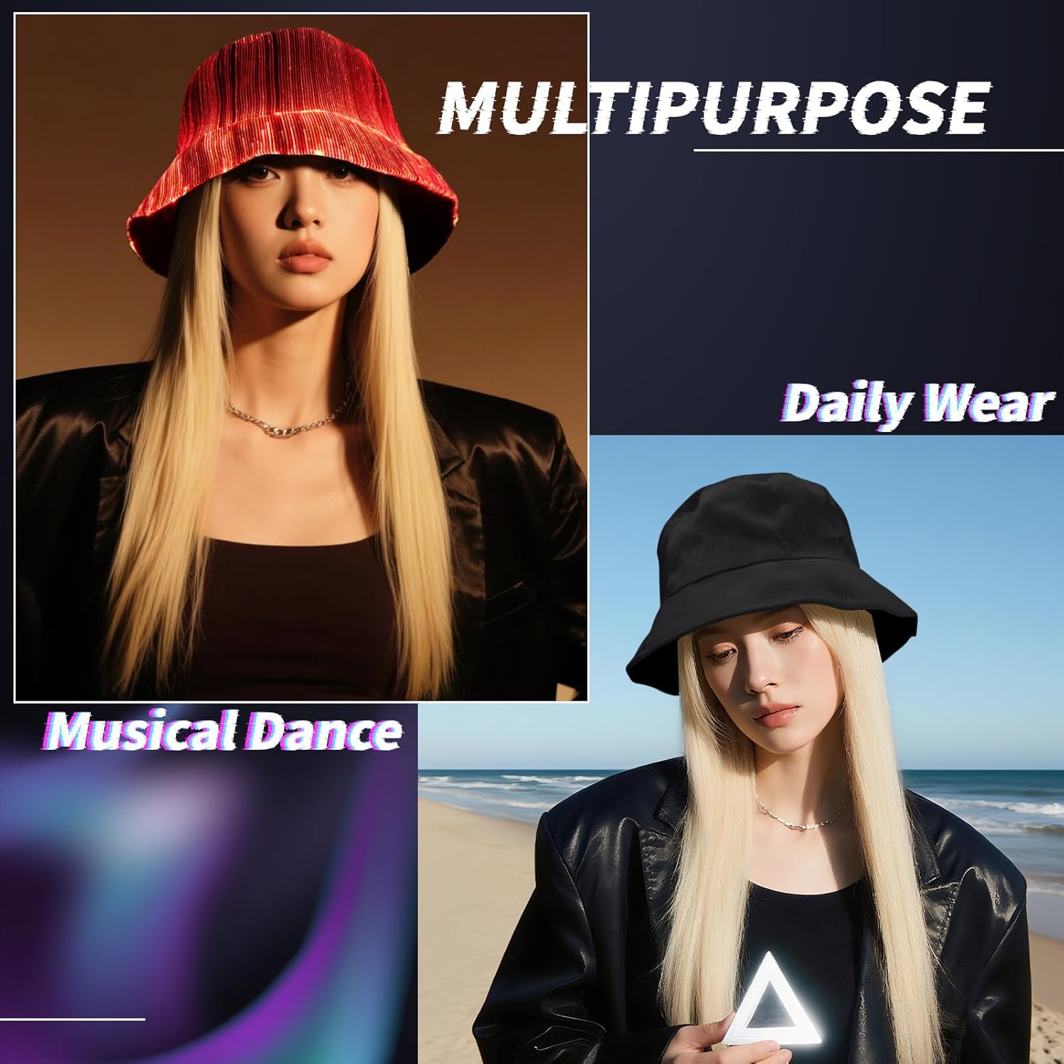 LED Bucket Hat for Women - Light up Fisherman Cap 7 Colors Glow in The Dark Funny Hats USB Rechargeable Rave Party Hats - Image 4