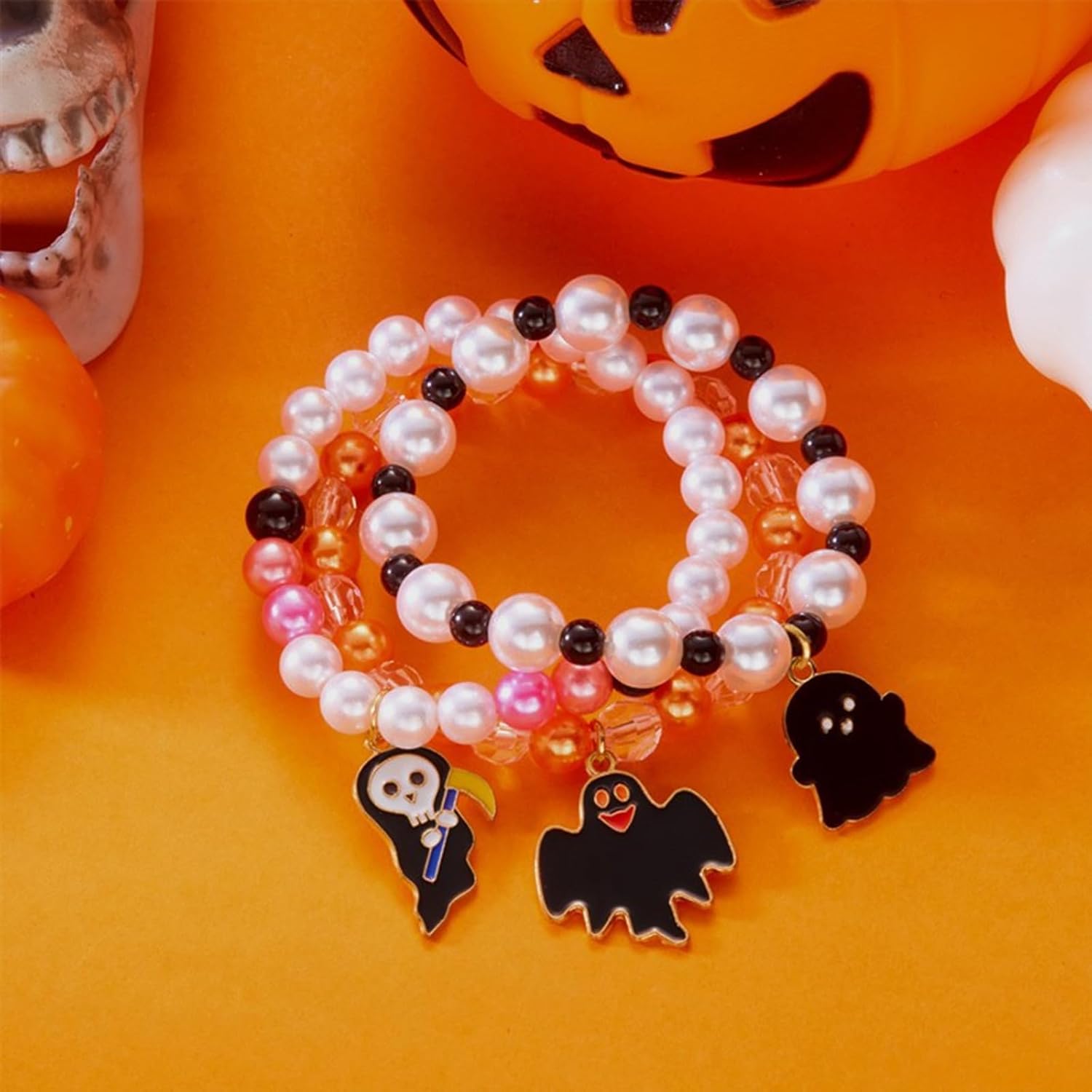 Halloween Charm Bracelets Pumpkin Ghost Bat Witch Hat Cat Stretch Stackable Bracelet Cute Spooky Halloween Costume Accessories - Image 5