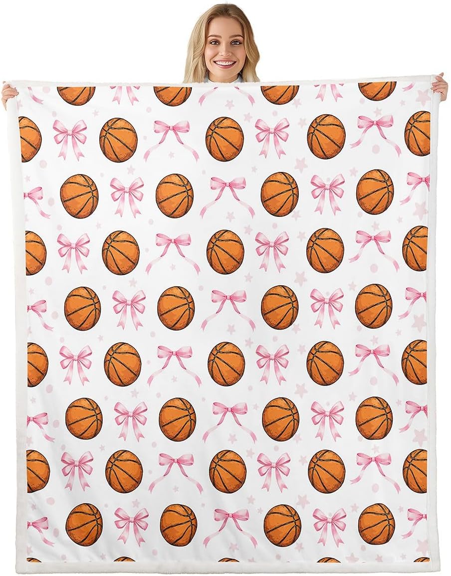 Feelyou Pink Bow Basketball Sherpa Blanket Plush Fuzzy Pink Bow Fleece Throw Blanket Boys Girls Gaming Sports for Bed Couch Chair Living Room Gift for Basketball Lover Bedroom Decor 40"x50"