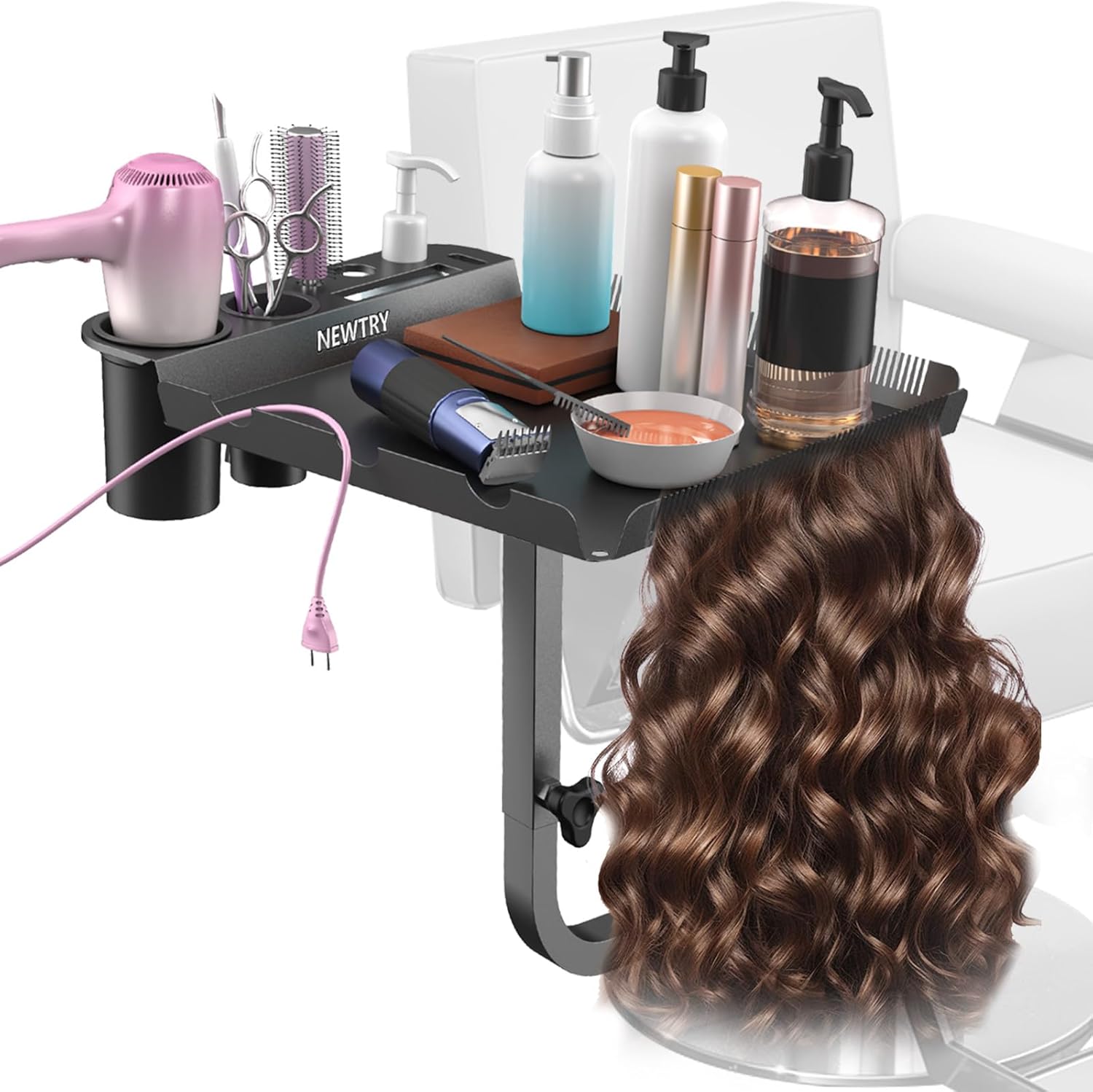 newtry salon tray attached to chair, 360° rotation salon metal tray for barber chair, hairstylist color tray for salon, salon chair tray attachment, hair extension tool tray adjustable height & width
