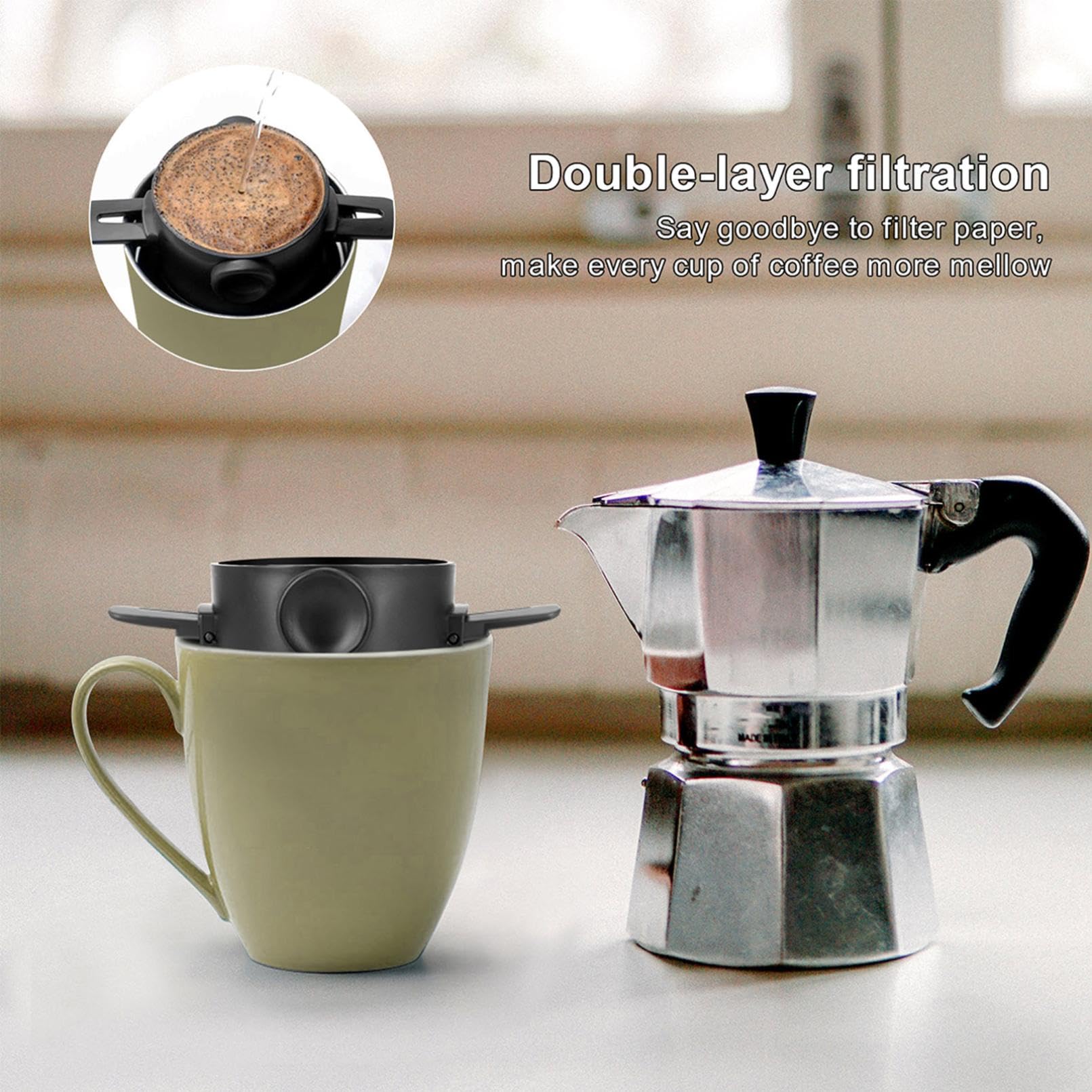 Pour Over Kaffeemaschine, wiederverwendbarer Edelstahl-Kegel-Tropfer mit Filter und Reinigungsbürste für Zuhause, Büro und Reisen – 1–2 Tassen Kapazität