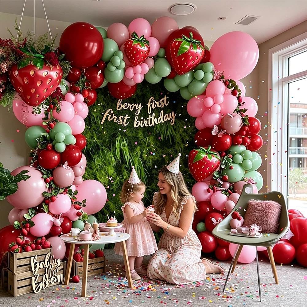 Arco a palloncino a forma di fragola, doppio farcito rosa pastello, rosso scuro, verde, in lattice, kit per baby shower con bacche, primo compleanno, matrimonio, decorazione per feste nuziali