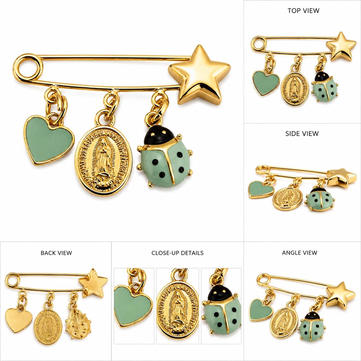 Gold Plated Baby Safety Pin with Ladybug, Guadalupe Medal and Heart Charm