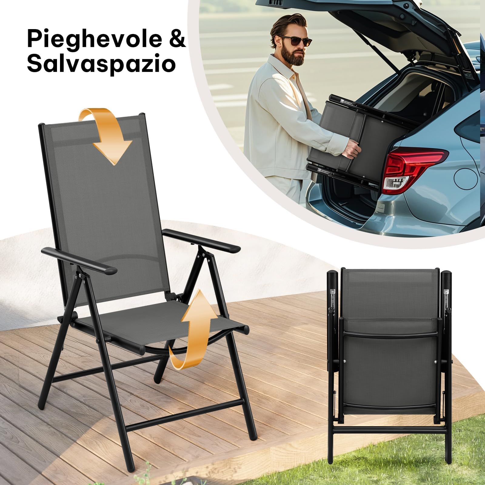 eSituro Set di 2 Sedie da Giardino Pieghevoli, Schienale Regolabile a 7 Livelli, Sedia Pieghevole in Metallo, Resistente Alle Intemperie, Portata 150 Kg, per Giardino Balcone Terrazza, Nero Grigio