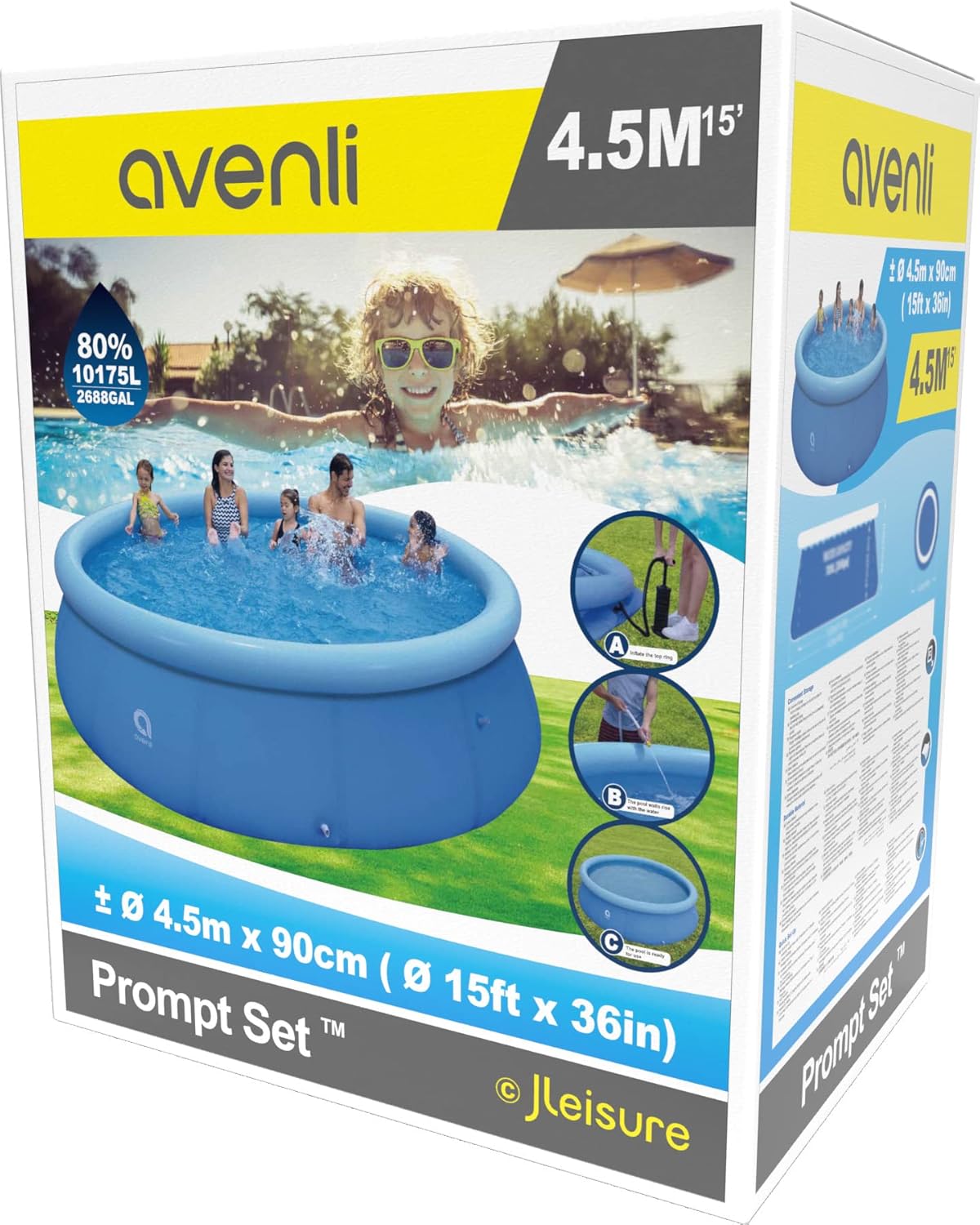 Product box showing setup steps for an inflatable pool