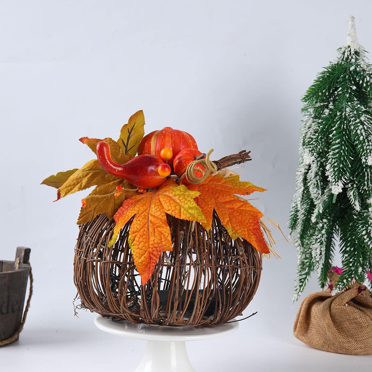 8 Inch Lighted Pumpkin Fall Decor – LED Thanksgiving Decoration with Maple Leaves, Berries, and Pumpkin, Autumn Harvest Centerpiece for Table, Indoor Outdoor Outdoor Pumpkins for Porch Home Display